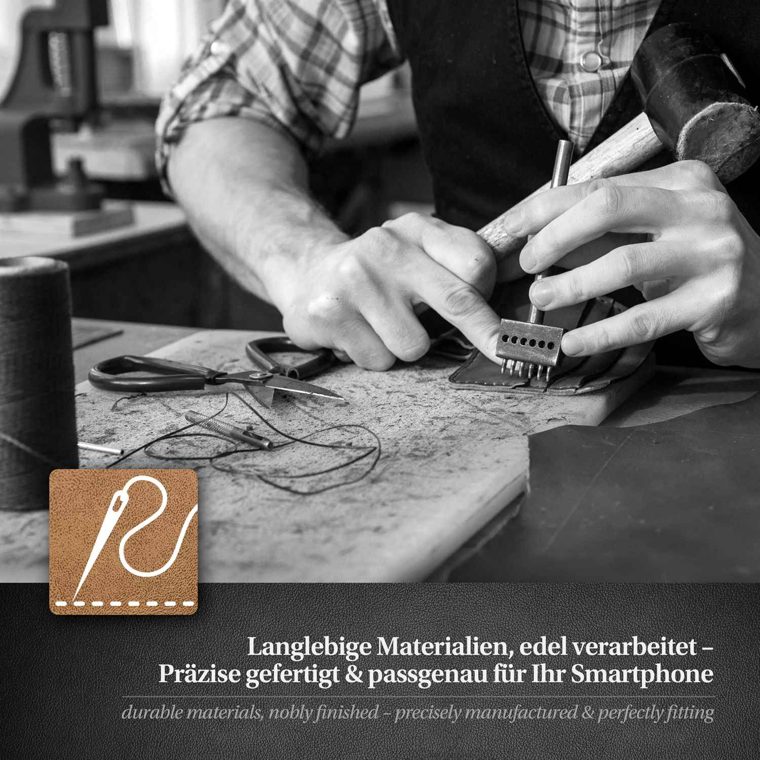Person fertigt Lederprodukt. Werkzeuge: Schere, Faden, Hammer. Text: langlebige Materialien, perfekt passend.