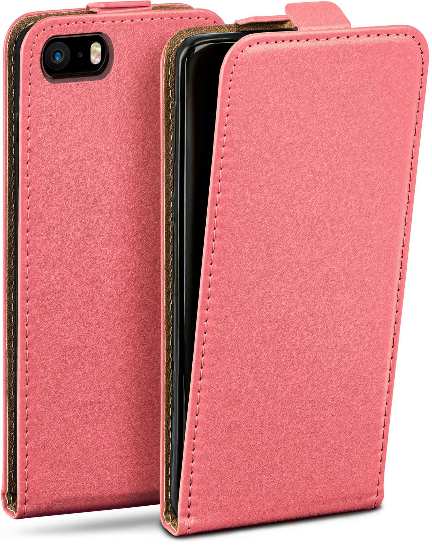 Rosa Handyhülle. Ein Teil offen, zeigt den schwarzen Telefonbildschirm und die Nähte.
