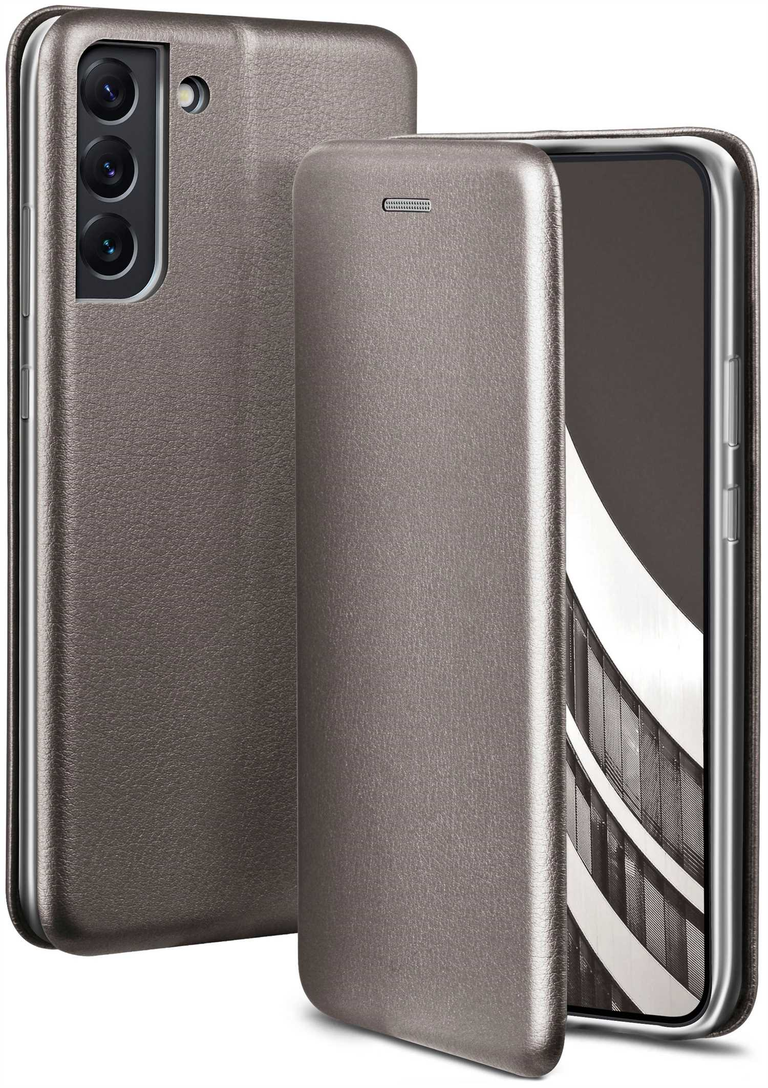 Eine graue Handyhülle, mit geöffnetem Deckel, wobei das Telefon im Inneren zu sehen ist.