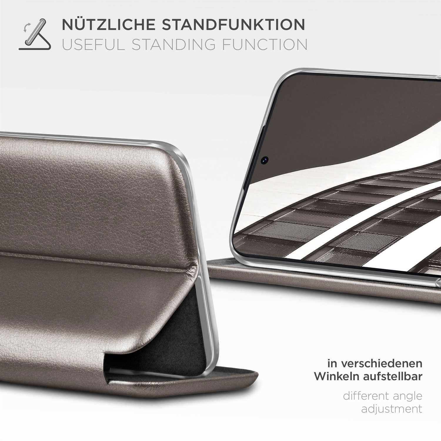 Geöffnete Tablet-Hülle mit Bildschirm, mit Standfunktion. Graue Lederaußenseite.