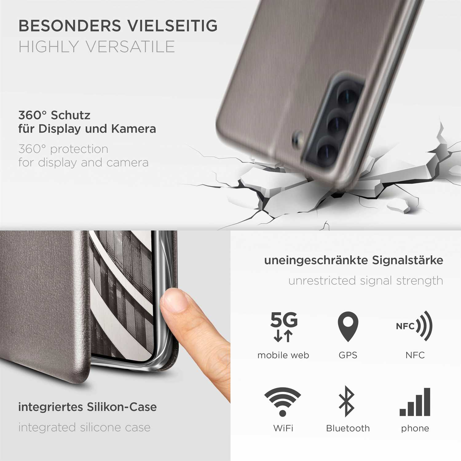 Handyhülle und Symbole: 5G, GPS, NFC, WLAN, Bluetooth, Telefonsignal. Hülle auf gerissener Oberfläche.