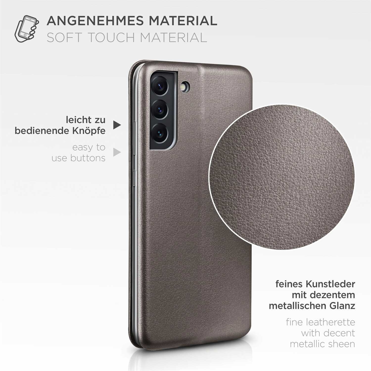 Graue Handyhülle offen, zeigt das Telefon. Text: Feines Kunstleder mit dezenter metallischer Glanz. Einfach zu bedienende Knöpfe.