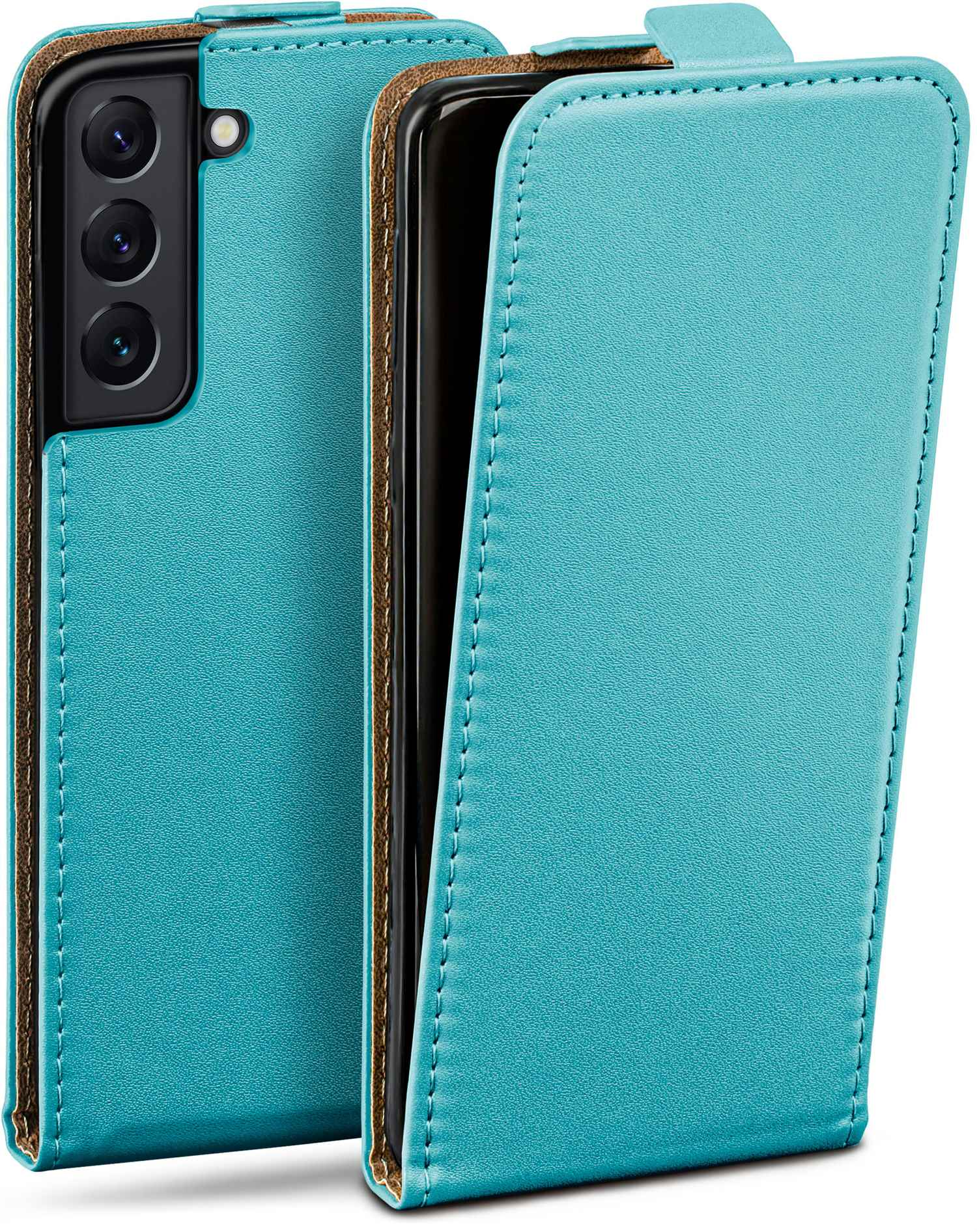 Türkisfarbene Handyhülle mit Klappe. Telefon innen. Rückseite mit drei Linsen.