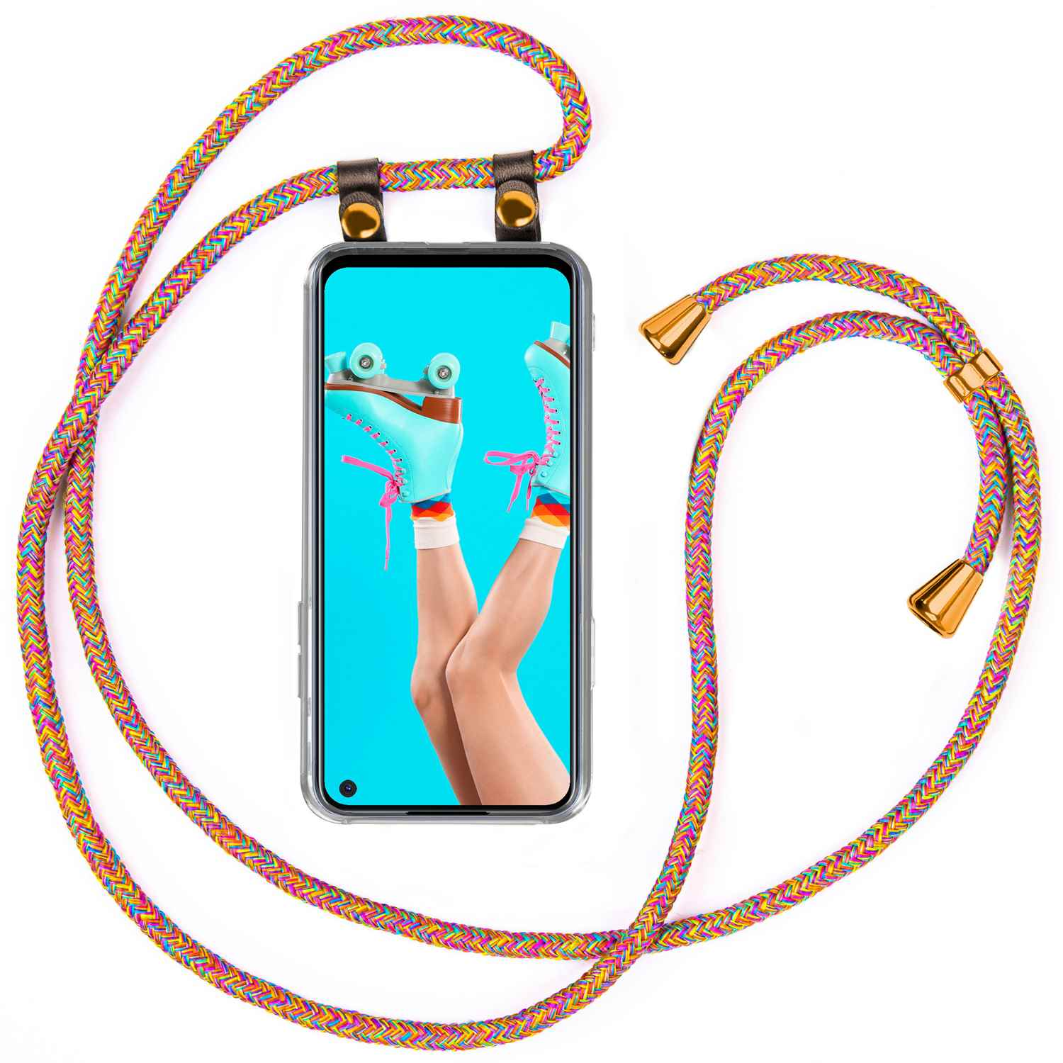 Telefon mit buntem Band. Der Bildschirm zeigt Rollschuhe auf blauem Hintergrund.