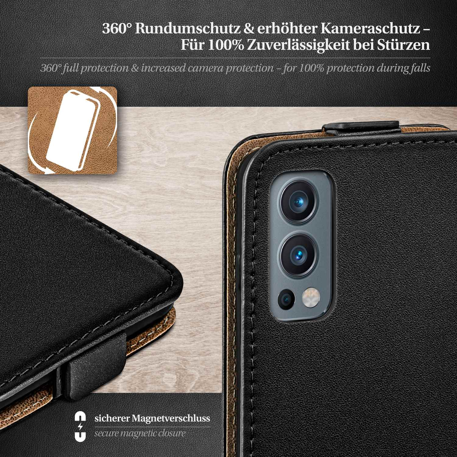 Nahaufnahme einer schwarzen Handyhülle mit Telefon. Die Hülle hat einen sicheren Magnetverschluss.