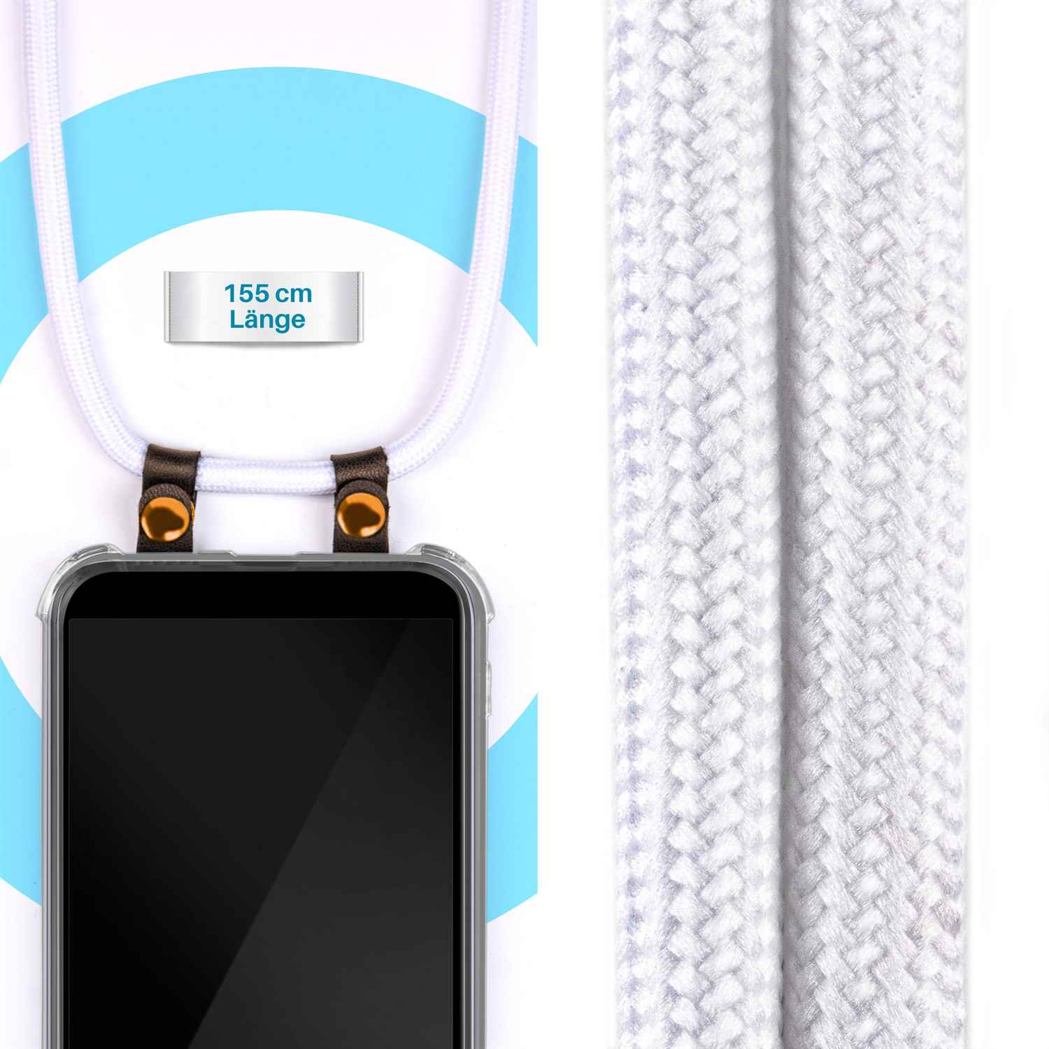 Weißes Telefon-Lanyard mit einer Handyhülle. Text sagt 155cm Länge.
