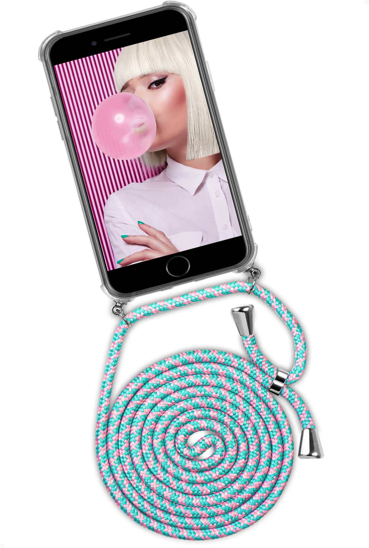 Telefon mit Frau, die Kaugummi bläst, türkis-pinkes Schlüsselband. Weißer Hintergrund.