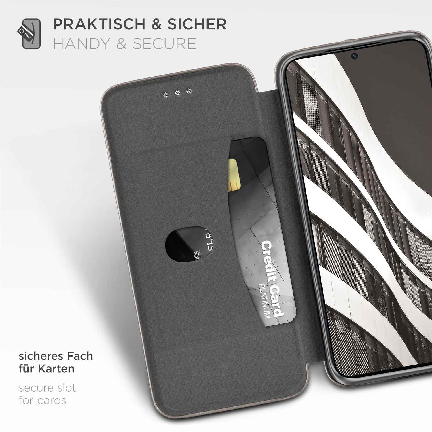 Geöffnete Handyhülle mit Kreditkarte. Text: HANDY & SICHER, sicheres Fach für Karten.