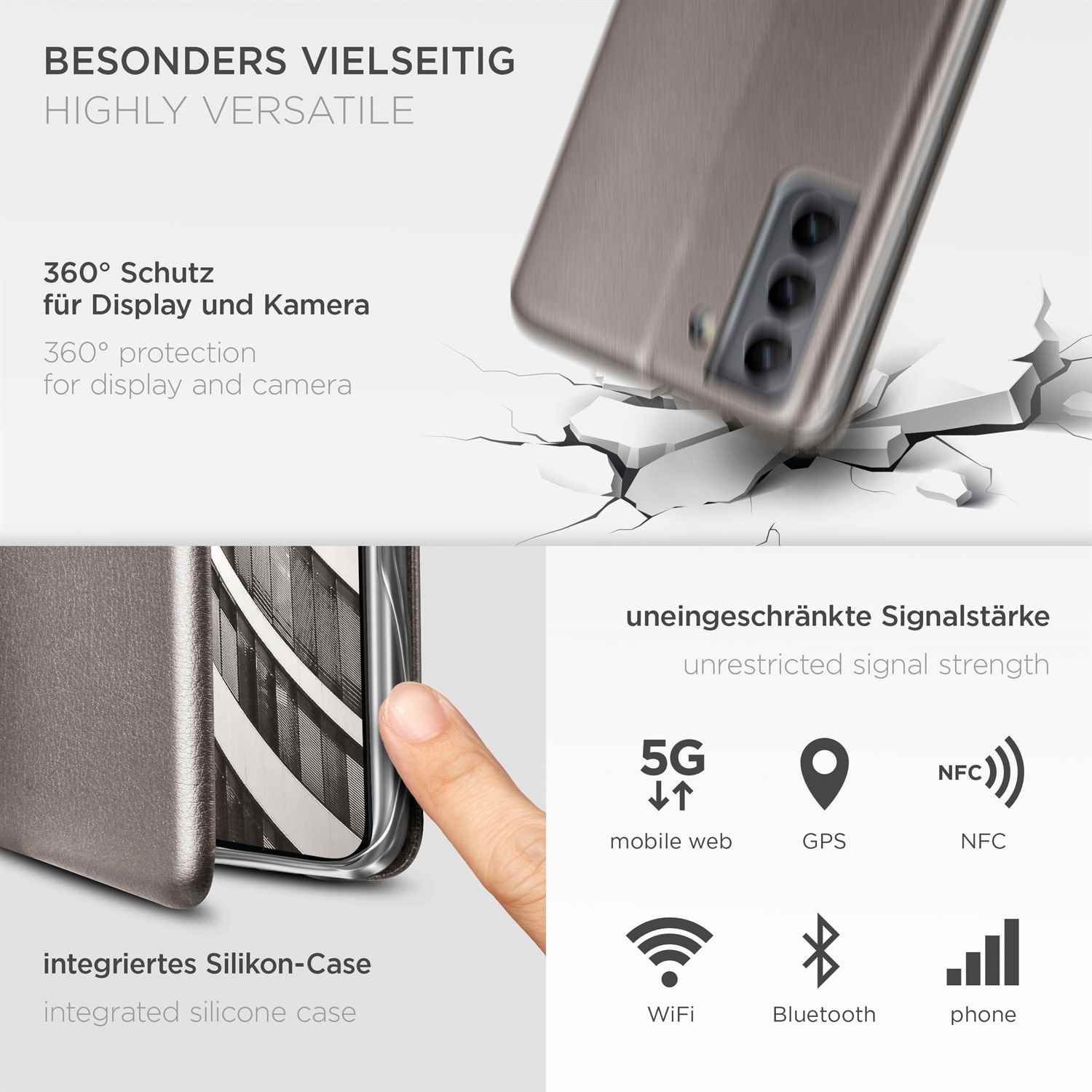 Eine Werbung mit einer Handyhülle. Sie zeigt Funktionen wie 360° Schutz, uneingeschränkte Signalstärke und Silikonhülle.