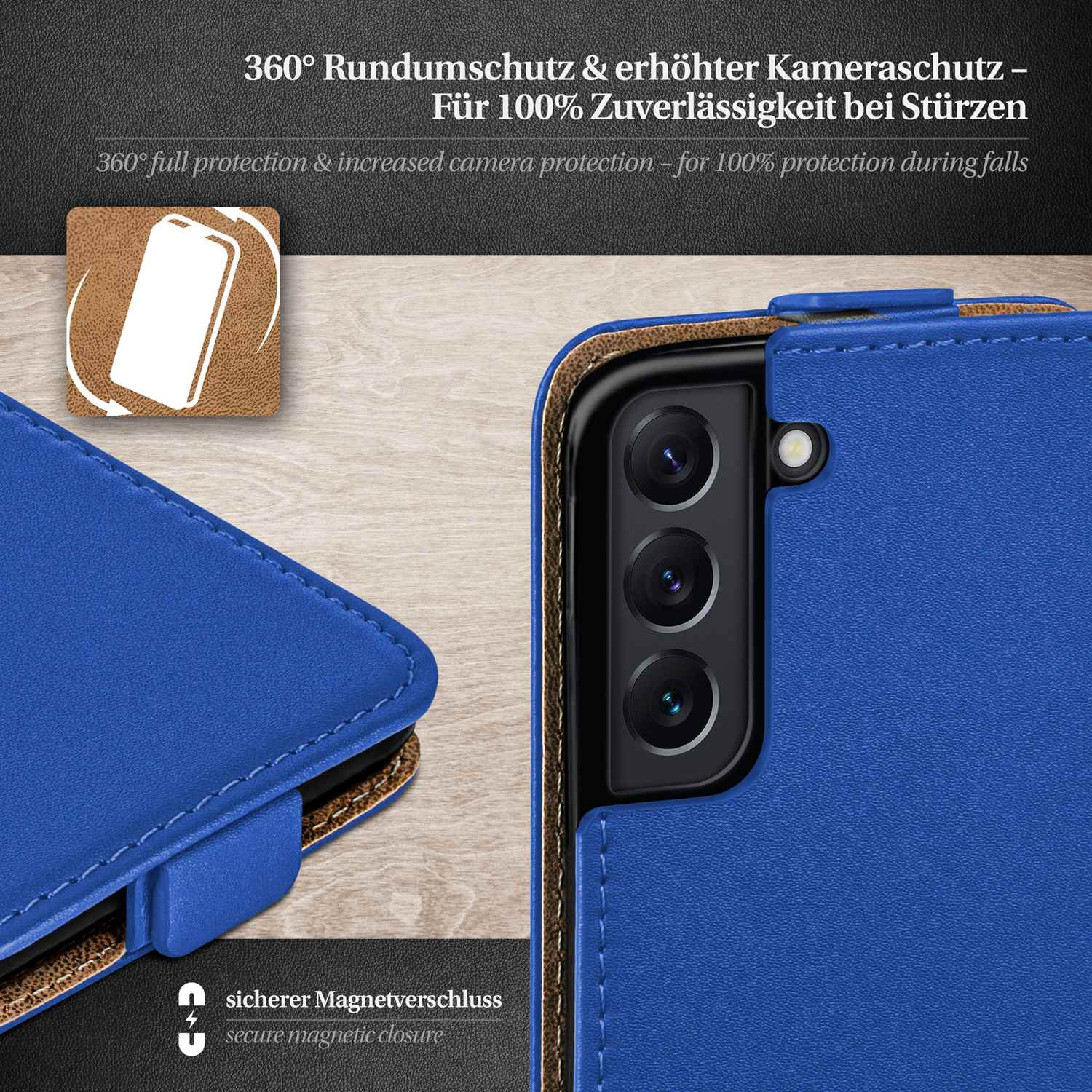 Blaue Handyhülle mit Dreifachkamera und Text: 360° Schutz. Braunes Innenfutter.