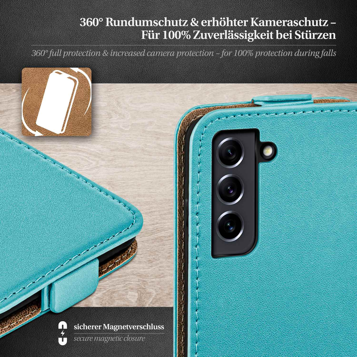 Türkisfarbene Handyhülle mit Telefon. Schwarze Kamera und Magnetverschluss.
