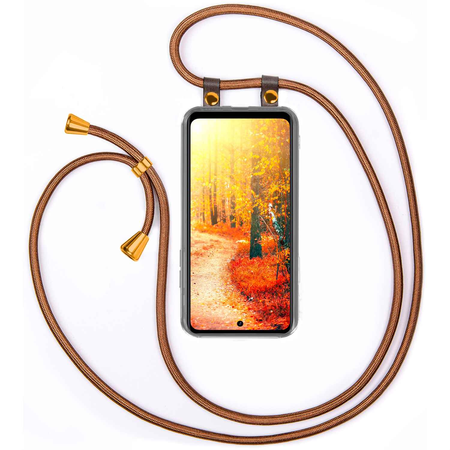 Telefon mit braunem Riemen, Herbstwald auf dem Bildschirm. Braune Kordel mit goldenen Enden.