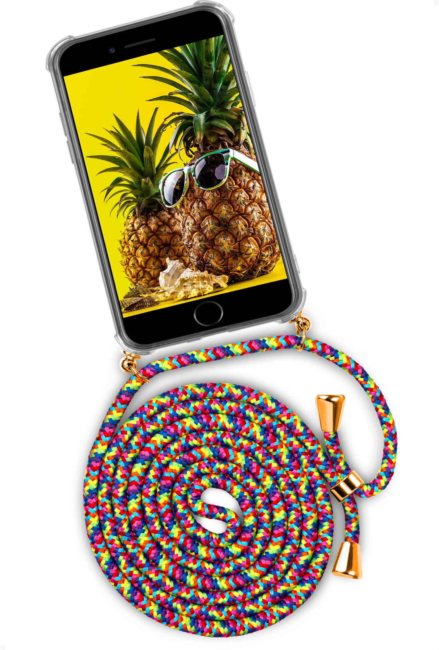 Telefon mit Ananas-Bild, buntem Seil und goldenen Details.