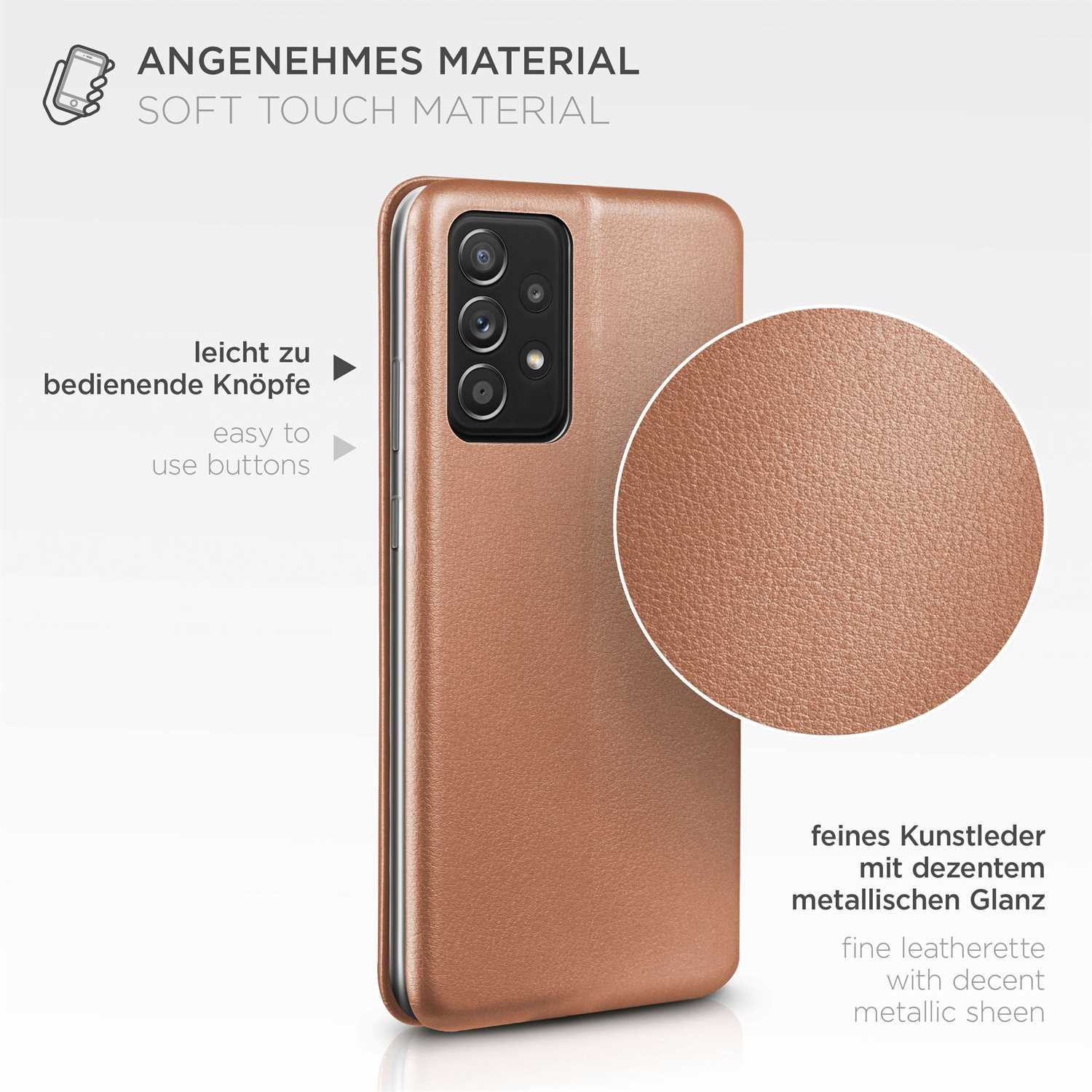Braune Handyhülle mit Nahaufnahme der Ledertextur und Produktbeschreibung.
