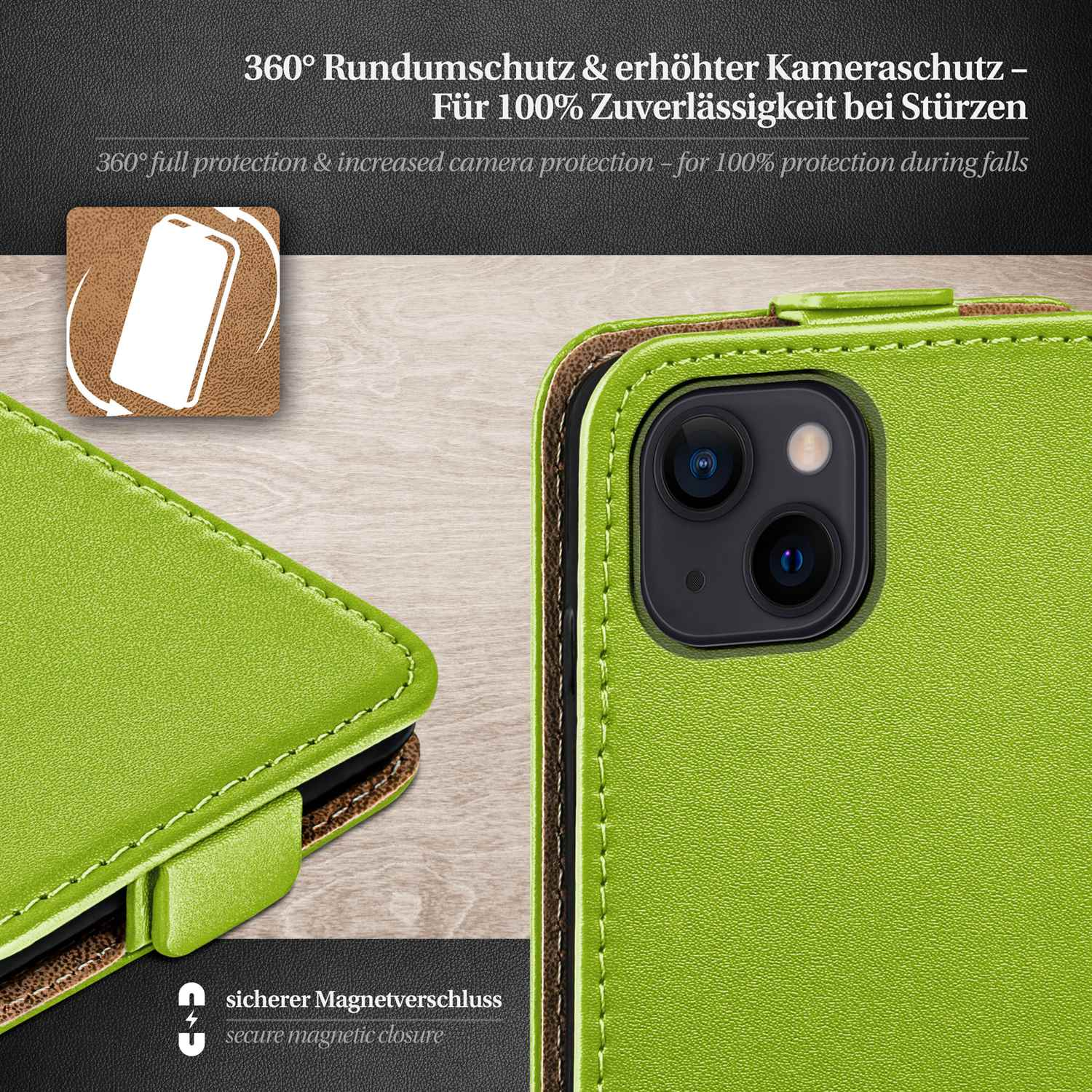 Grüne Handyhülle mit braunem Innenraum. Text: '360° Rundumschutz & erhöhter Kameraschutz'.