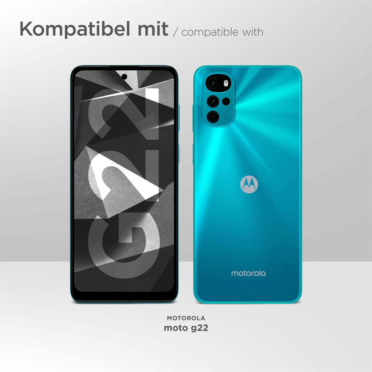 Zwei Telefone, eines mit eingeschaltetem Bildschirm. Text: Kompatibel mit Motorola Moto g22.