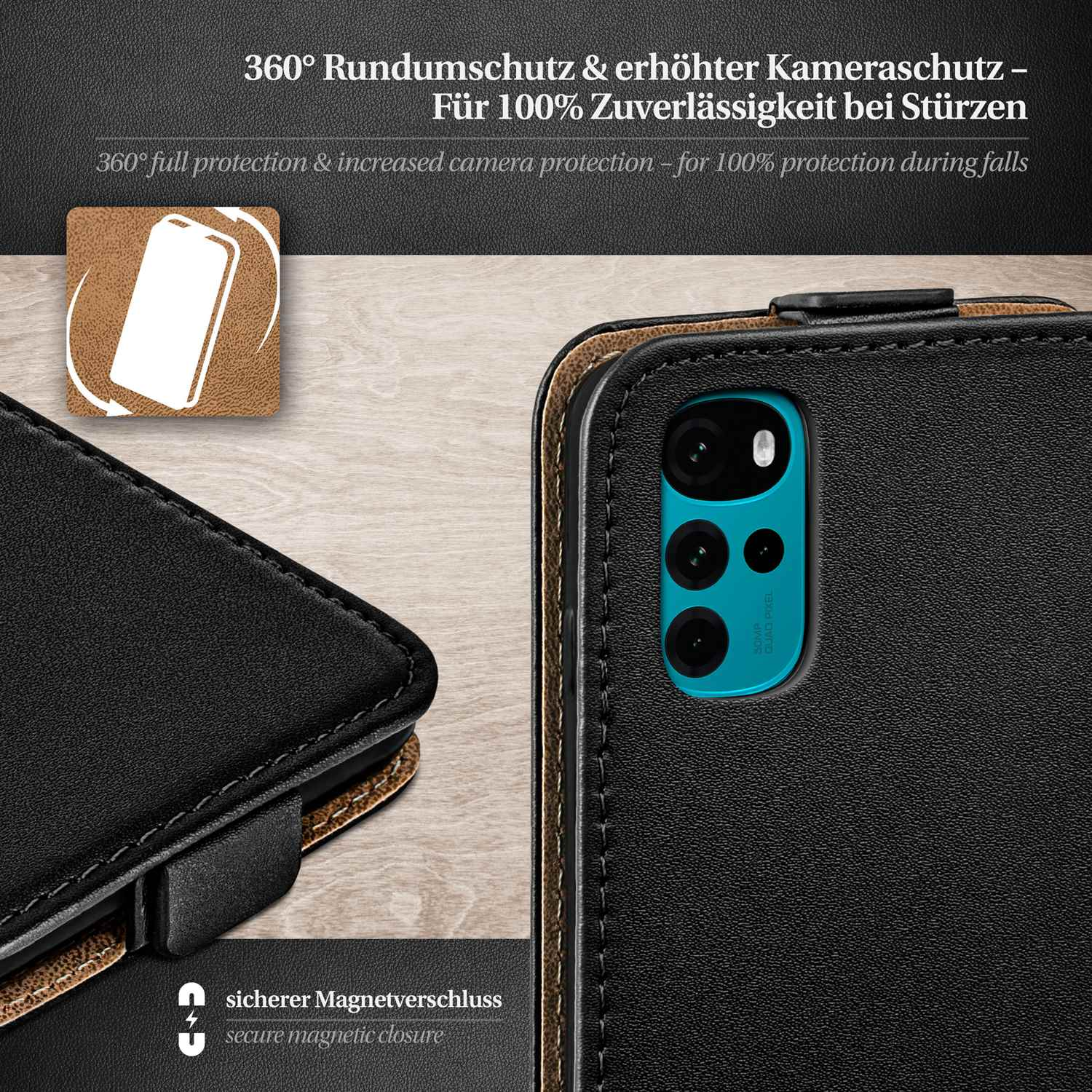 Schwarze Handyhülle, geöffnet, zeigt die Kamera. Text sagt: '360° Rundumschutz und erhöhter Kameraschutz'.