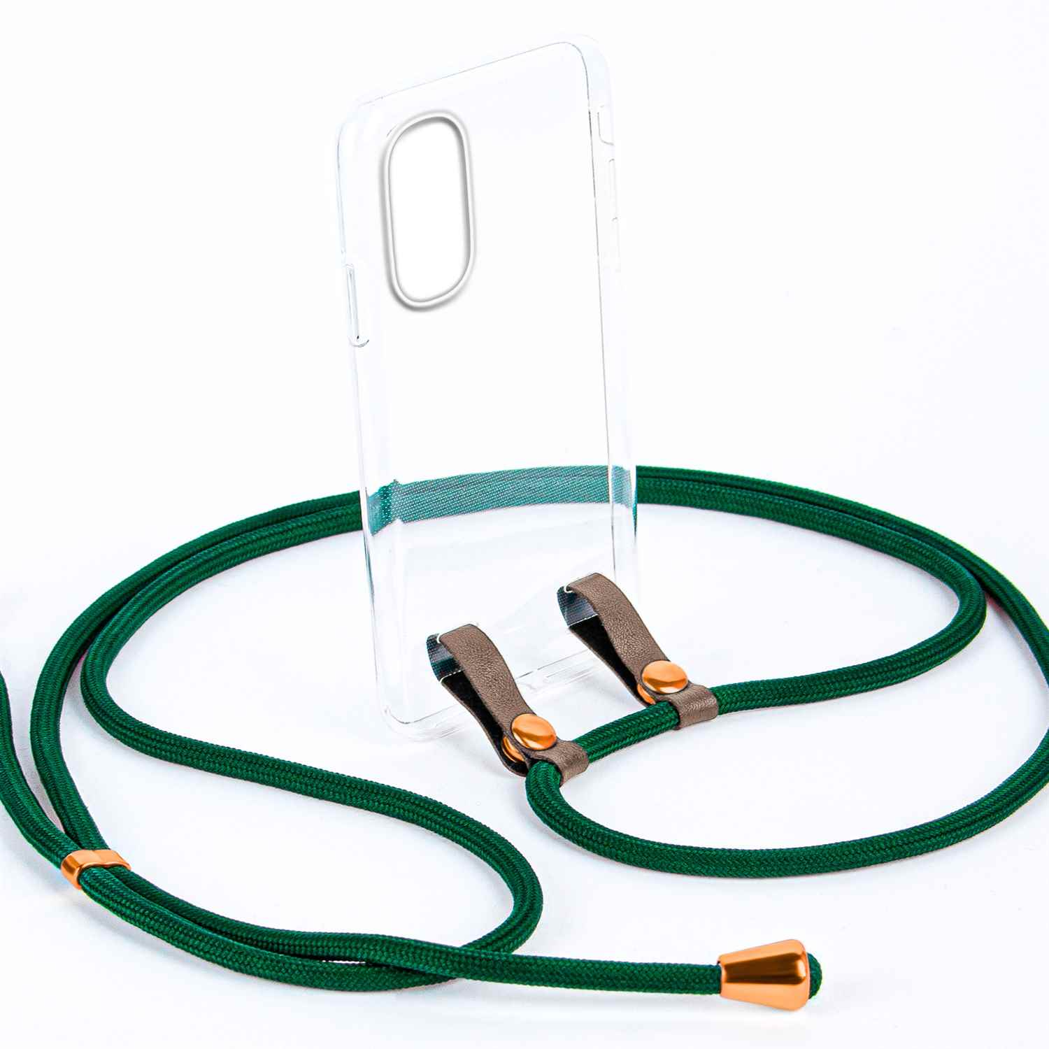Grünes Telefon-Lanyard mit einer Handyhülle. Goldakzente.
