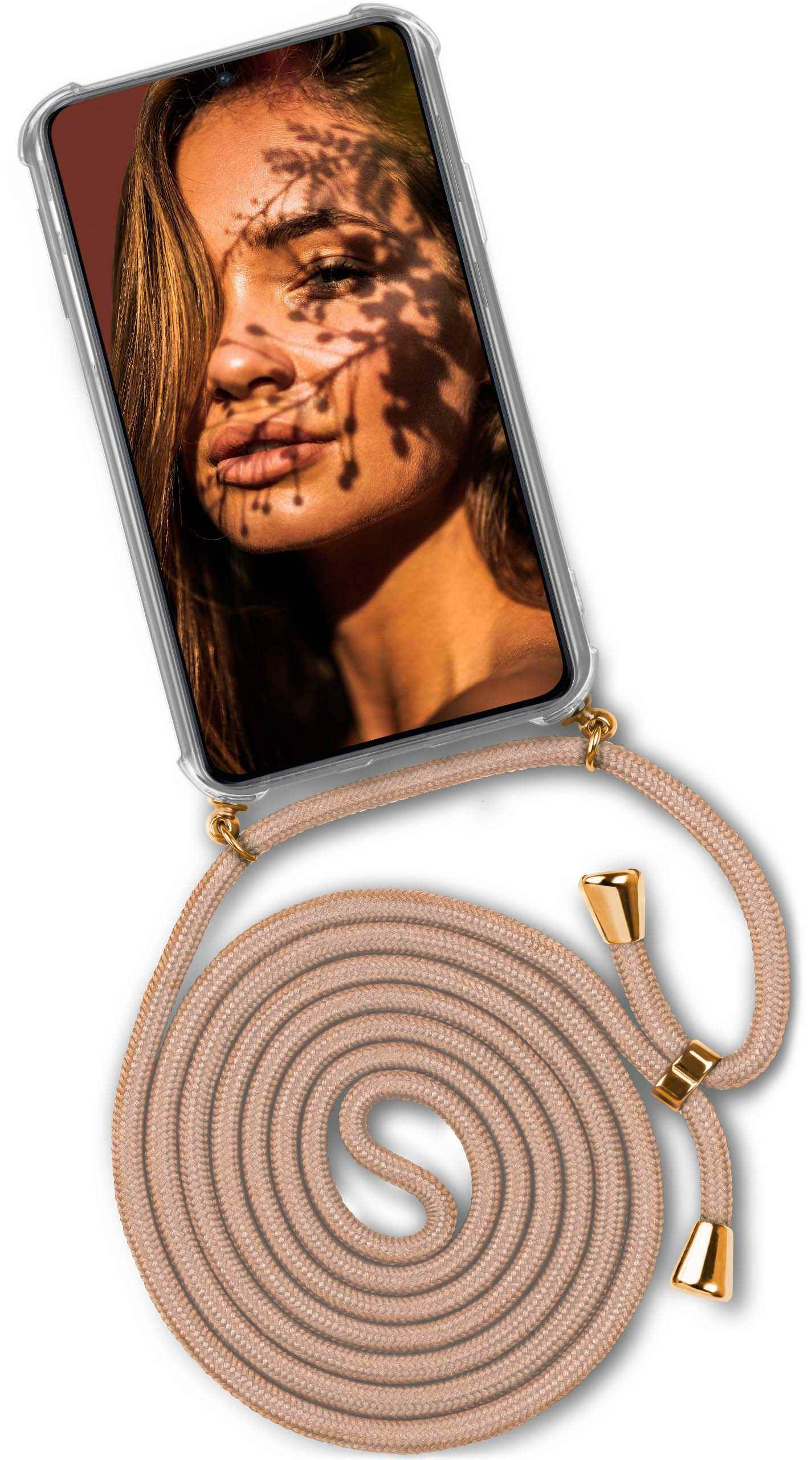 Handyhülle mit beigem Kabel, mit dem Gesicht einer Frau auf dem Telefonbildschirm mit Schatten.
