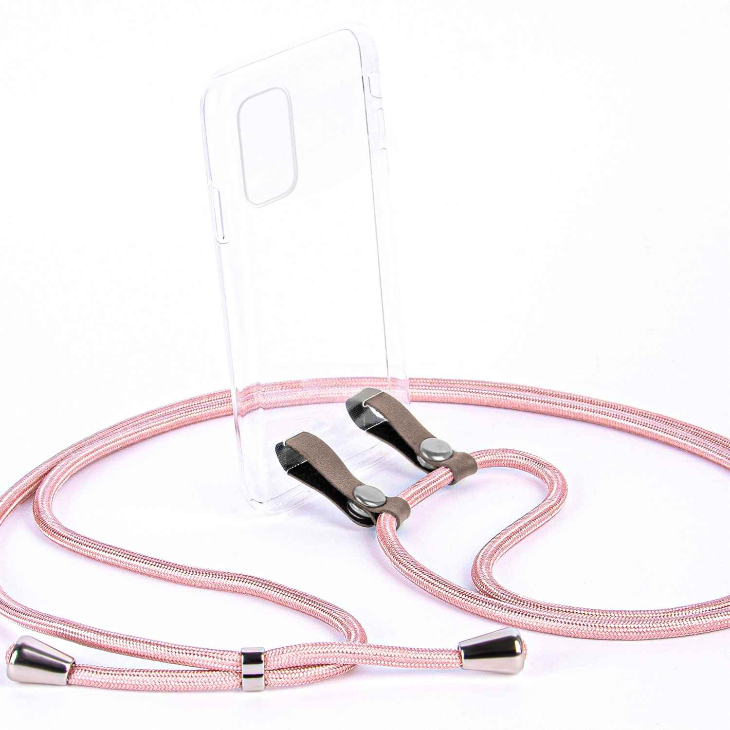 Rosa Telefonriemen und transparente Handyhülle mit silbernen Metallenden auf weißer Oberfläche.