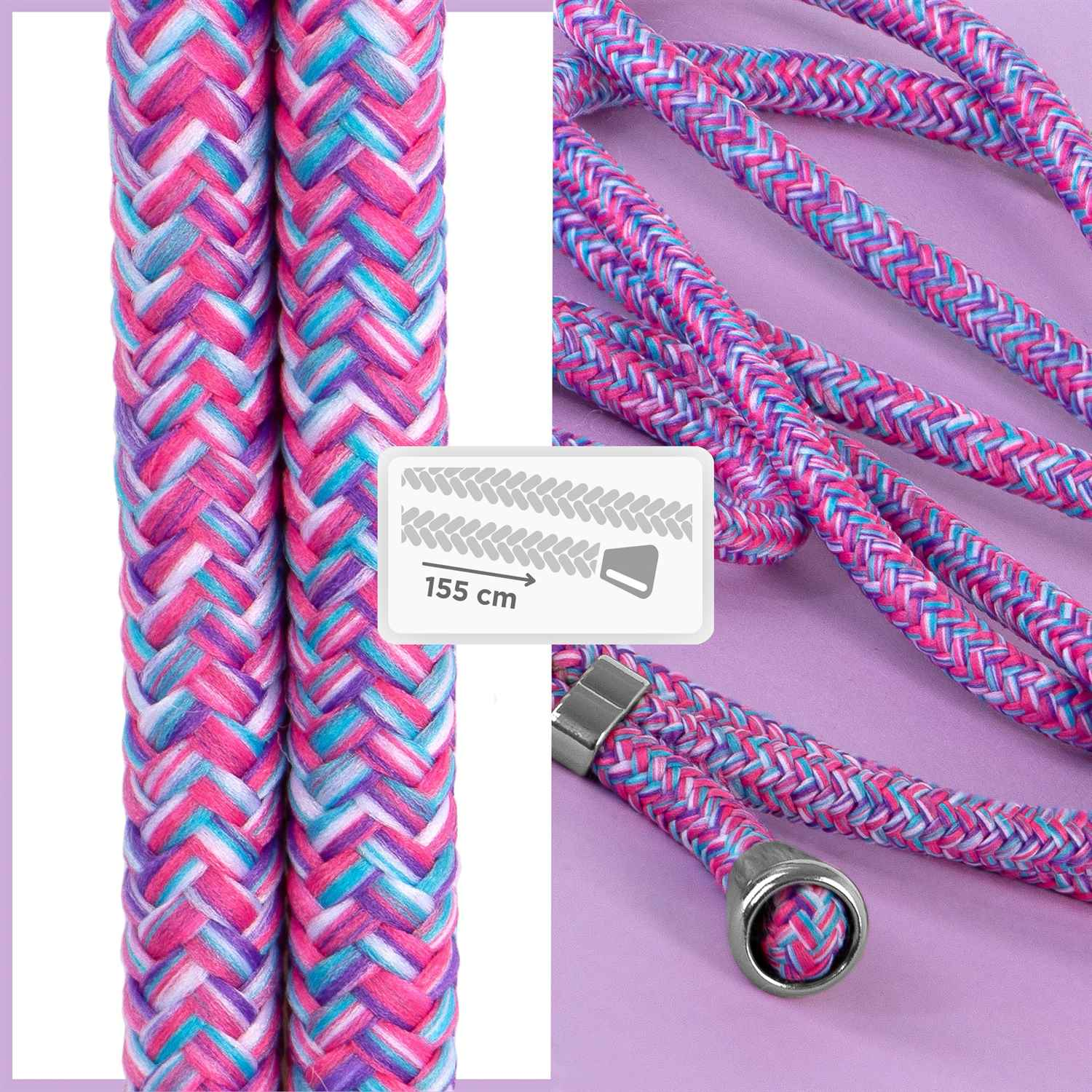 Nahaufnahme eines Telefonriemens. Er ist mehrfarbig und geflochten. Er hat silberne Metalldetails und die Länge beträgt 155 cm.