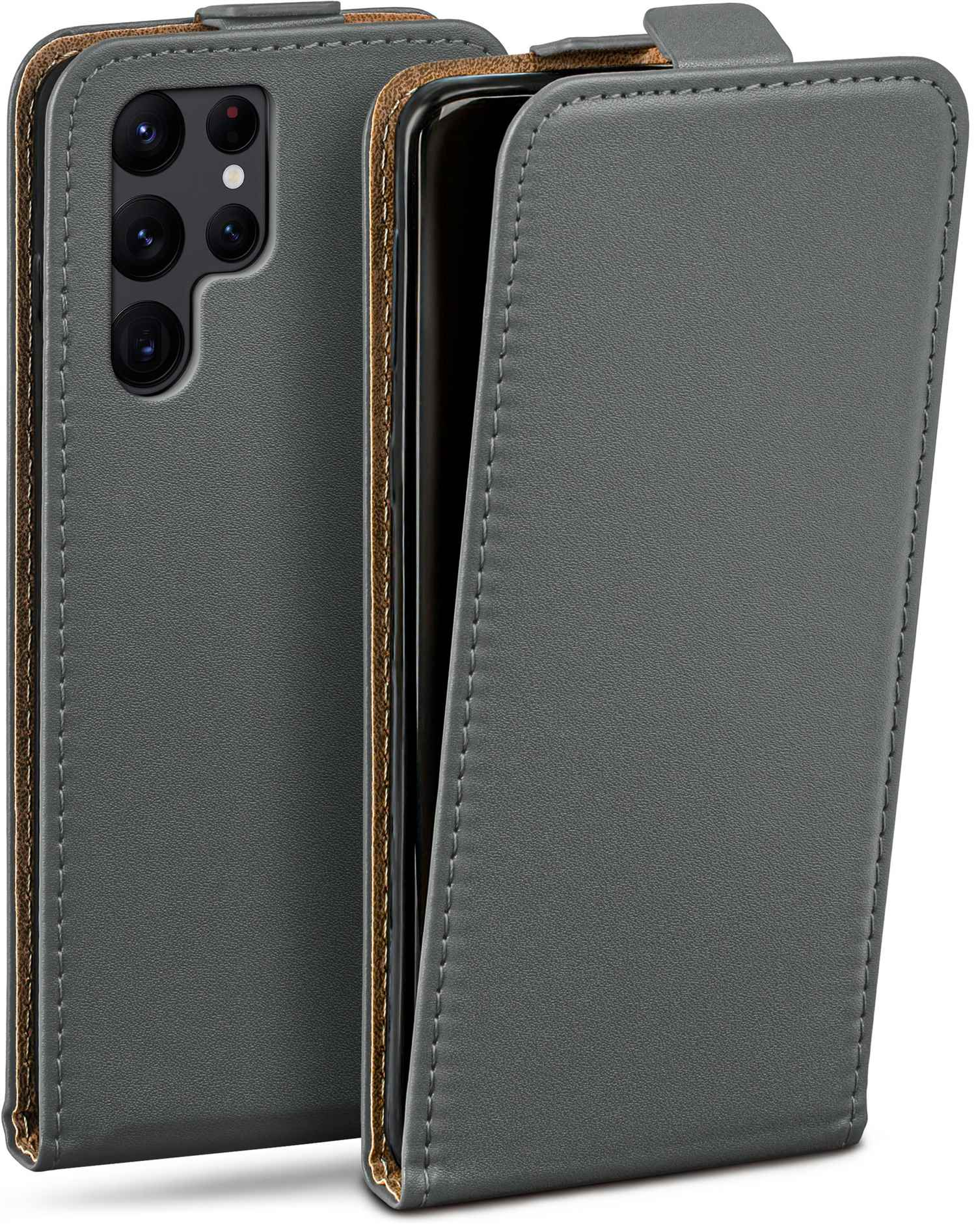 Graue Handyhülle. Graue Ledertextur. Telefon geöffnet. Braunes Leder innen. Rückkamera.