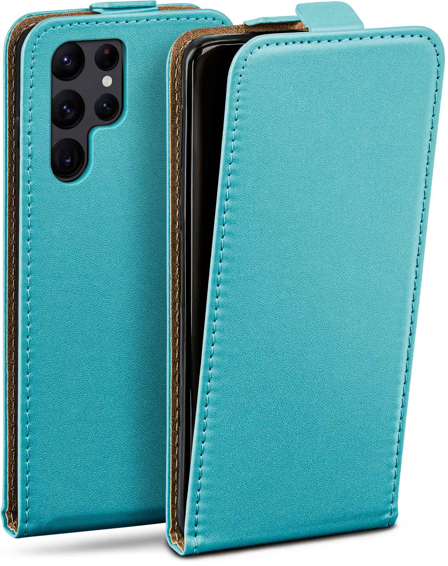 Türkisfarbenes Telefonetui, geöffnet, zeigt das Telefon. Das Etui ist lederartig, mit Nähten an den Kanten.