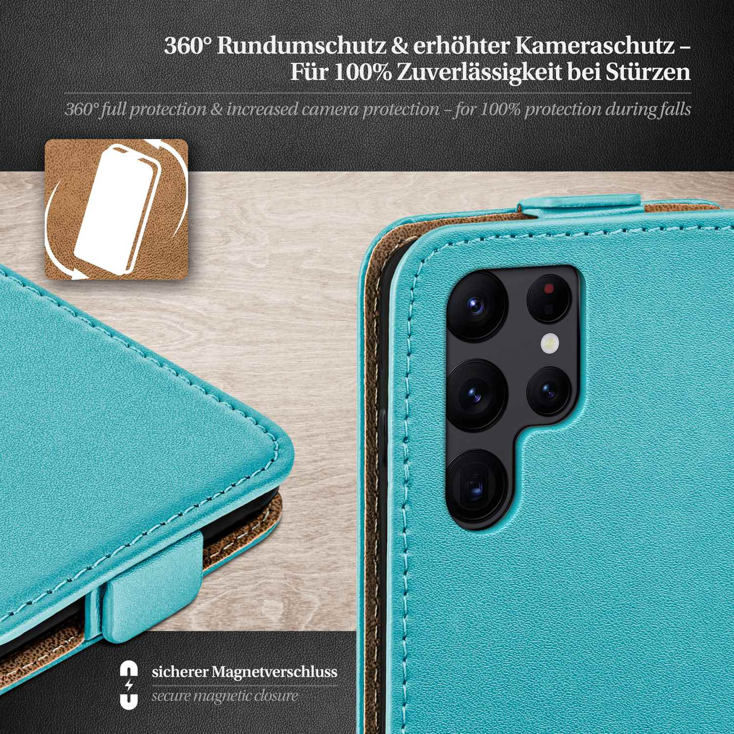 Eine türkisfarbene Handyhülle mit schwarzer Kamera und weißem Hintergrund. Text: 360 Schutz, sicherer Magnetverschluss.