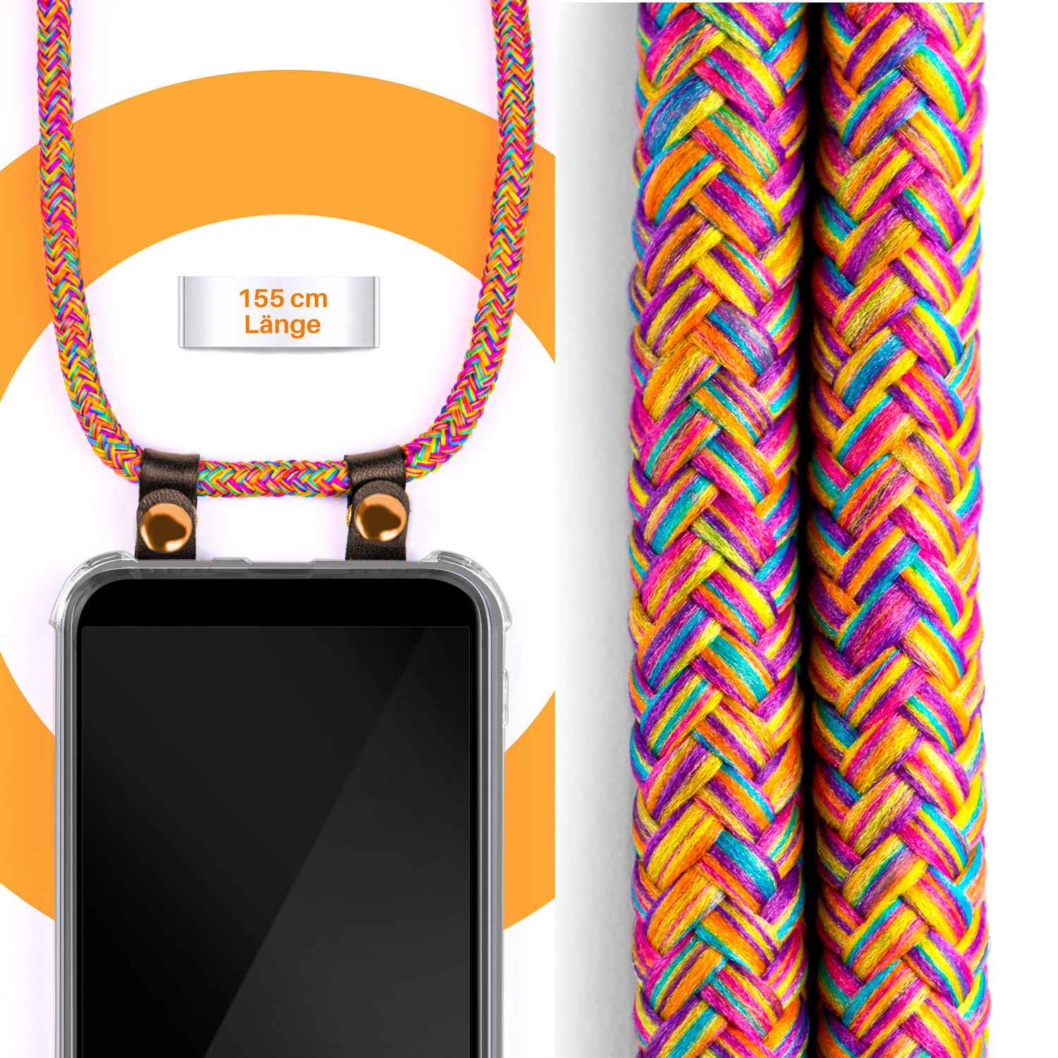 Telefon mit buntem geflochtenem Band, das Band hat verschiedene Farben, oranger Hintergrund.