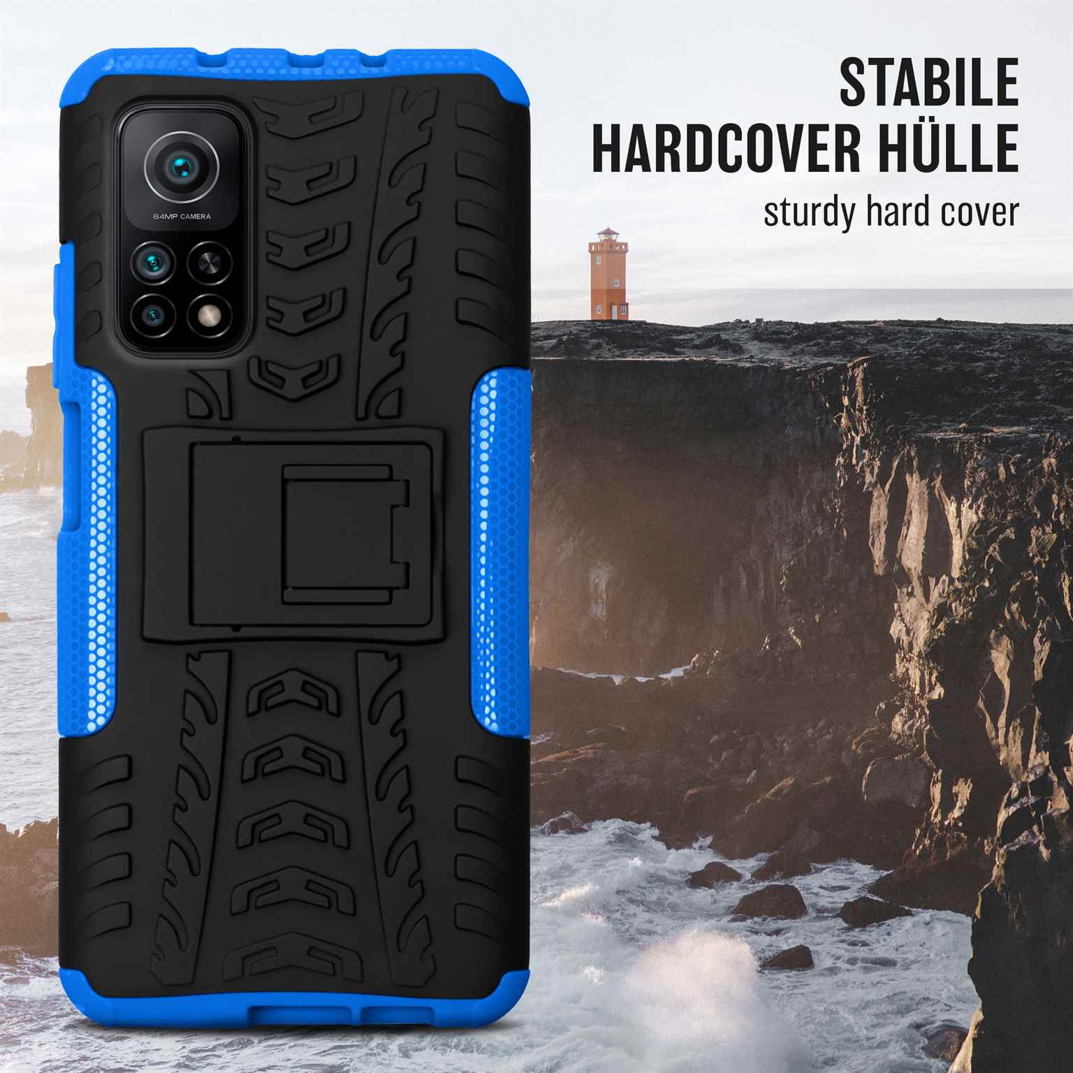 Eine robuste Handyhülle mit blauem und schwarzem Design, vor einem Landschaftshintergrund dargestellt.