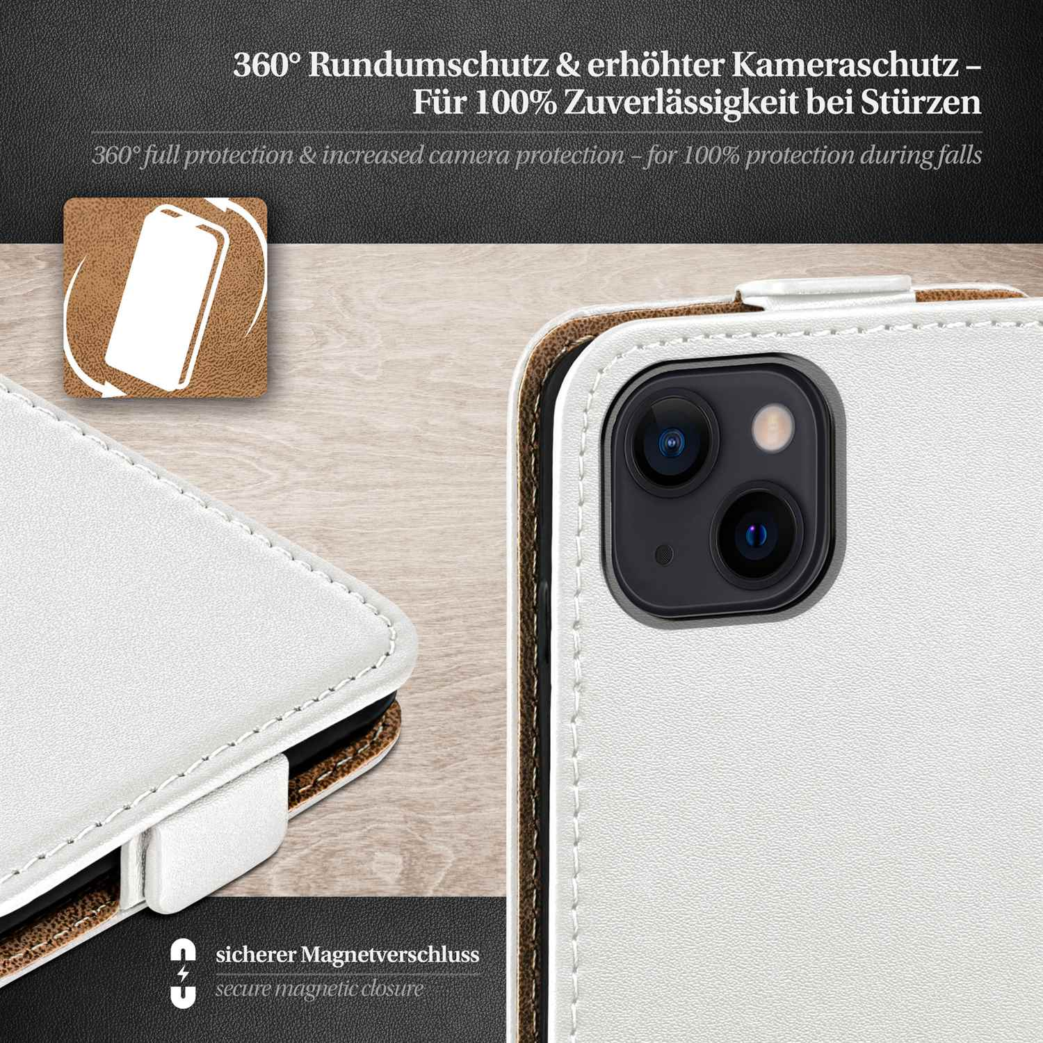 Weiße Handyhülle mit weißem Hintergrund. Text: '360° Rundumschutz & erhöhter Kameraschutz'.