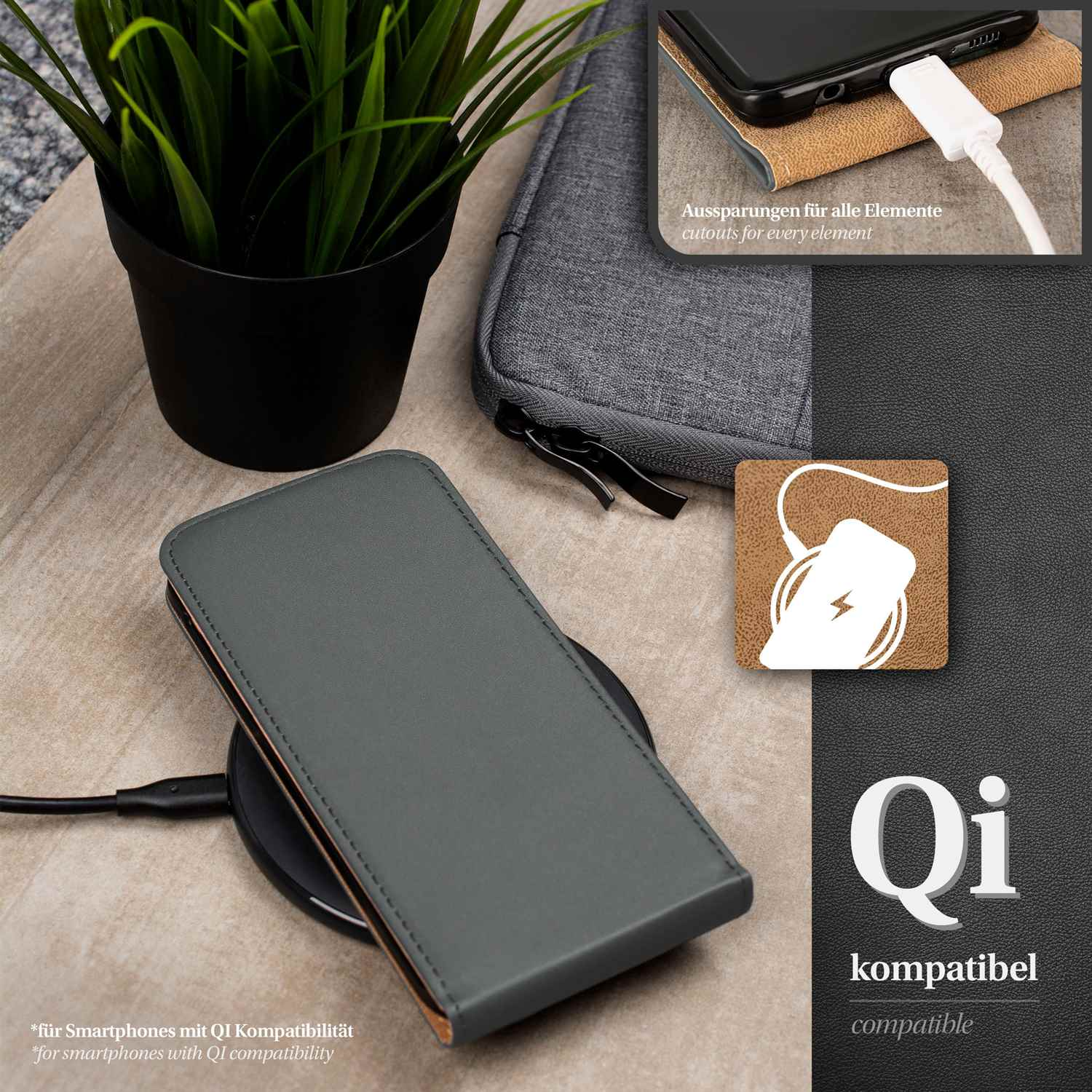 Eine Handyhülle auf einem kabellosen Ladegerät. Ein Telefon ist mit einem Ladegerät verbunden. Text: Qi-kompatibel.