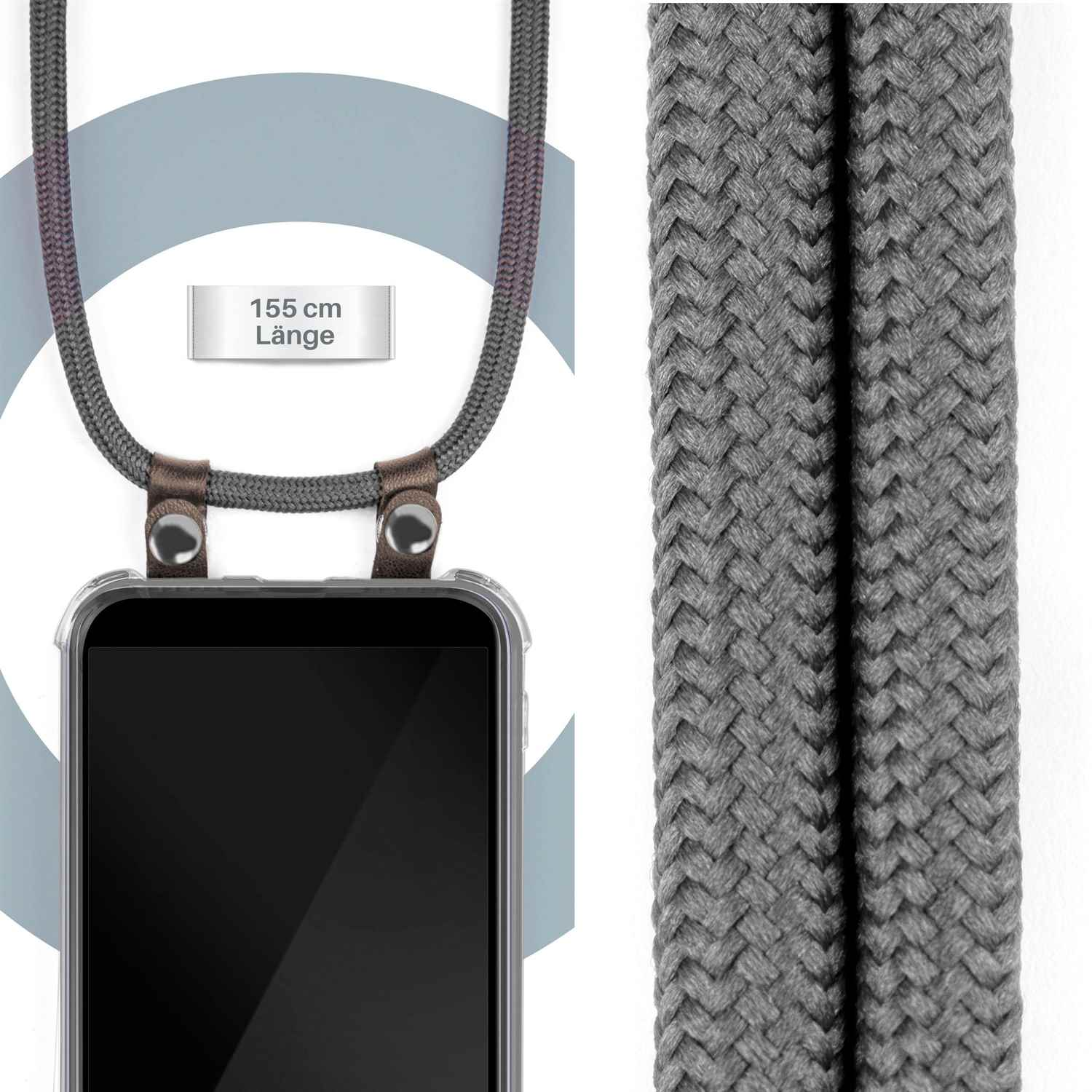 Ein Telefon mit transparentem Gehäuse und grauem Riemen, mit einem Maßlabel von 155 cm Länge, vor weißem Hintergrund.