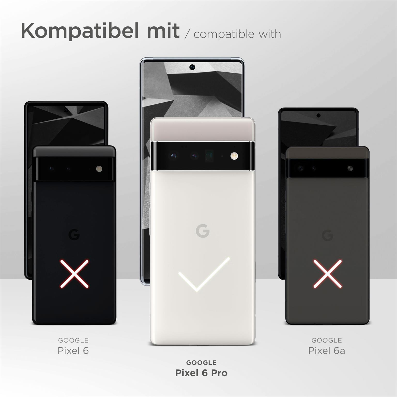 Bild zeigt Handys. Google Pixel 6 Pro in Weiß mit Häkchen, Pixel 6 und 6a mit roten X-Symbolen.