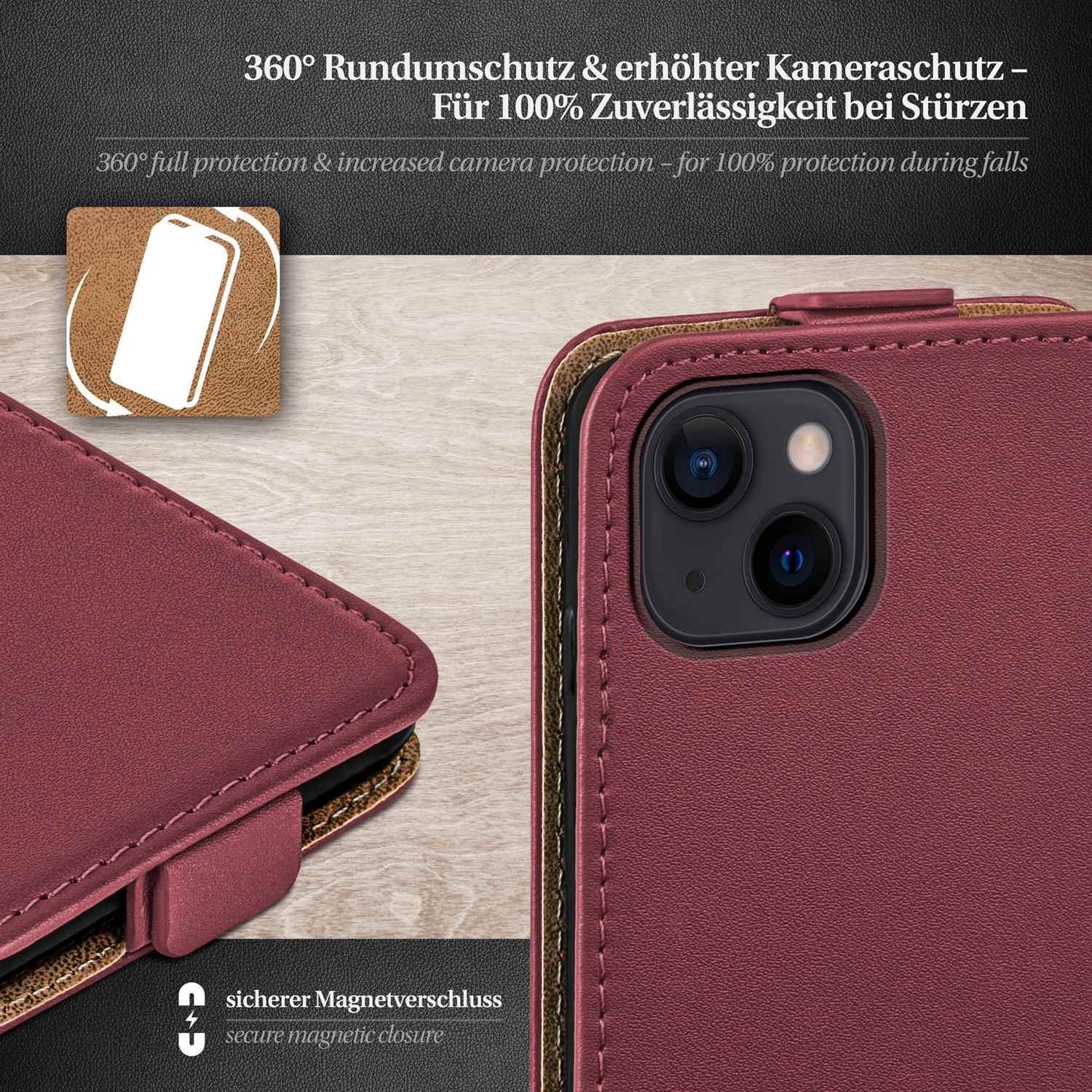 Nahaufnahme einer weinroten Handyhülle mit Magnetverschluss. Text überlagert mit 360° Schutz und sicherem Verschluss.