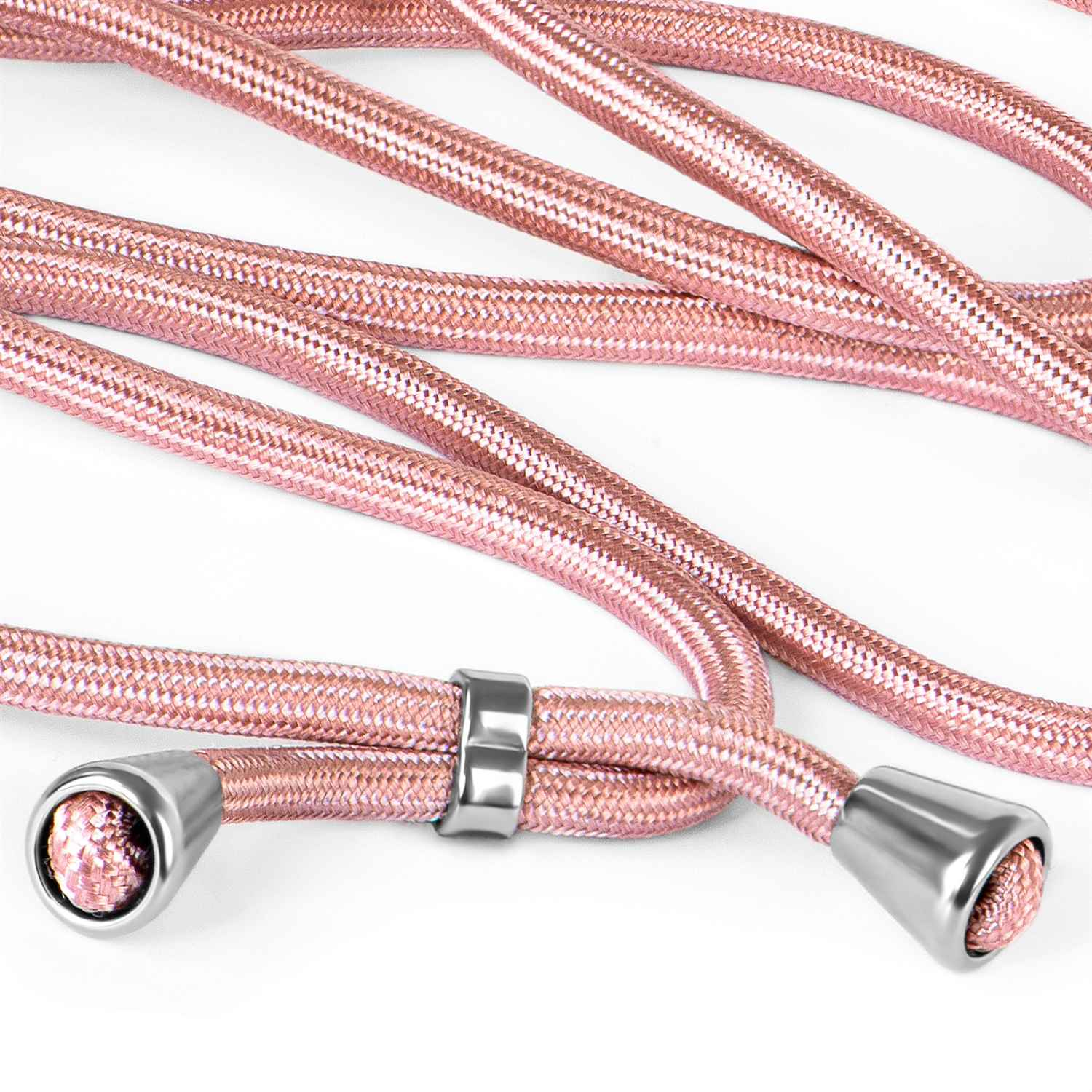 Nahaufnahme eines rosa geflochtenen Handy-Lanyards mit silbernen Akzenten. Das Lanyard liegt auf weißem Grund.