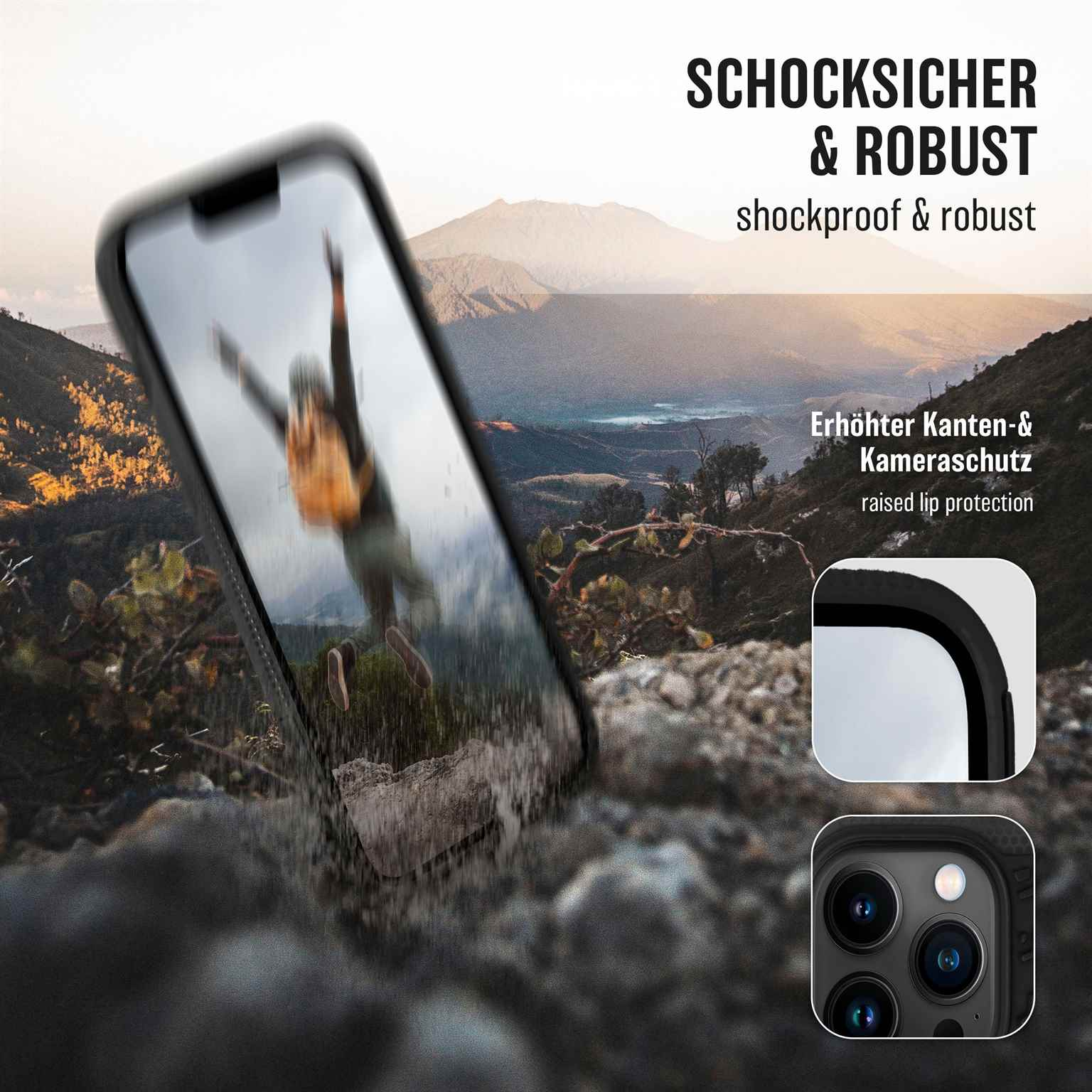 Ein Telefon in einer Hülle wird mit einem Hintergrund eines Berges gezeigt, um Stoßfestigkeit zu bewerben.