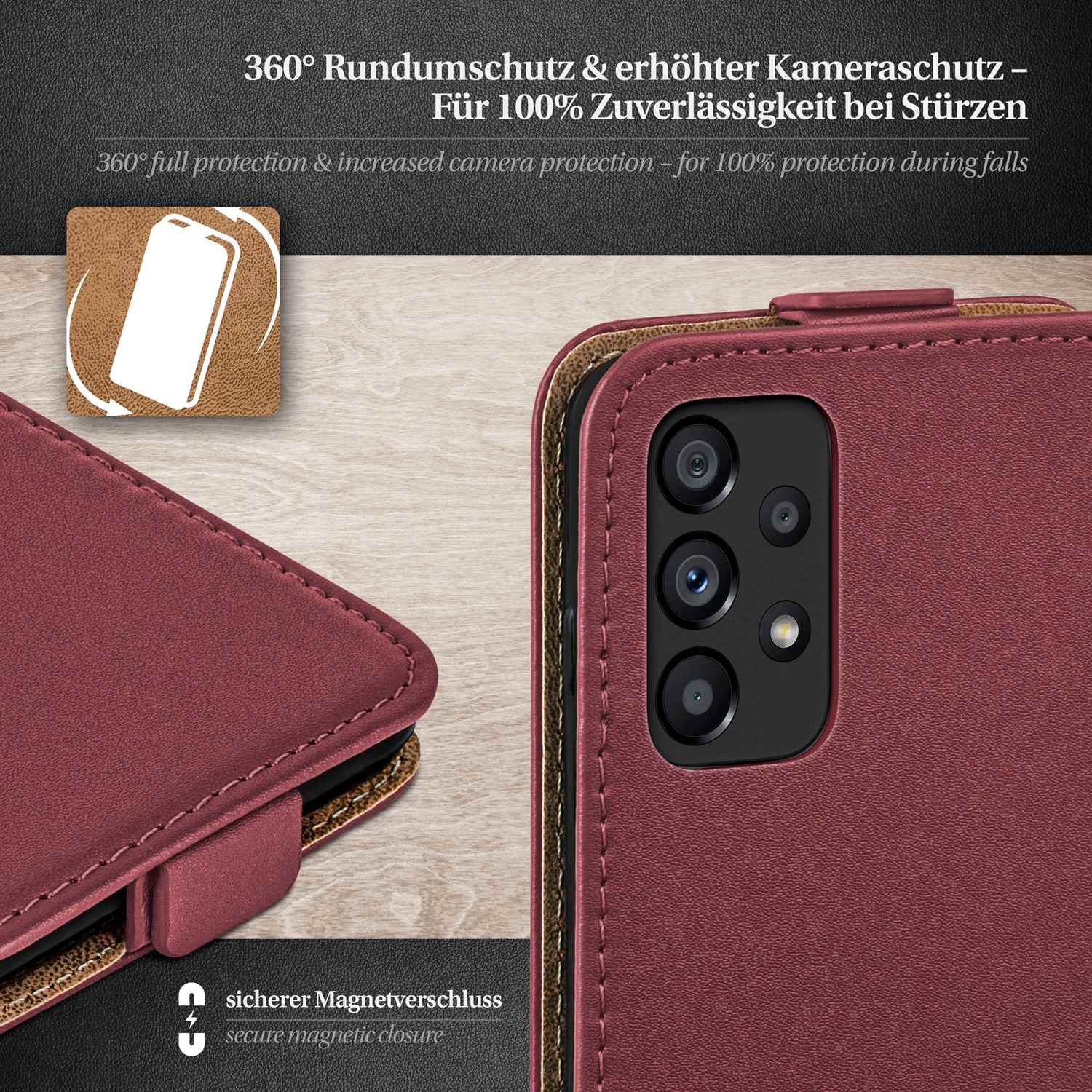 Nahaufnahme einer weinroten Handyhülle mit Telefon, Schutzdesign mit Magnetverschluss.