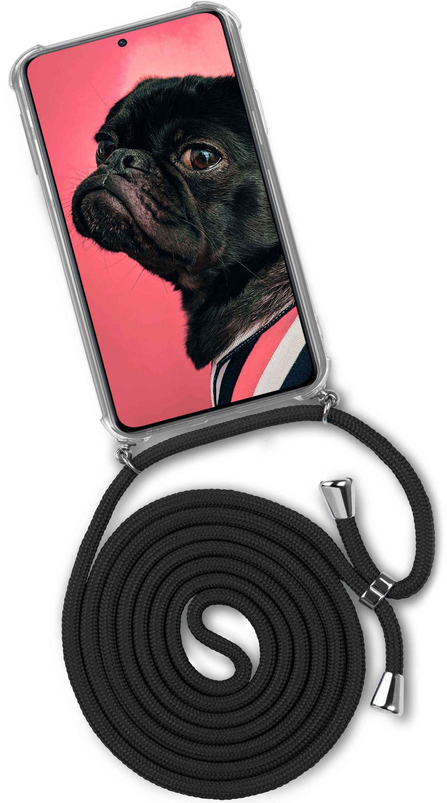 Handyhülle mit schwarzem Kordel. Zeigt einen schwarzen Mops-Hund, mit pinkem Hintergrund.