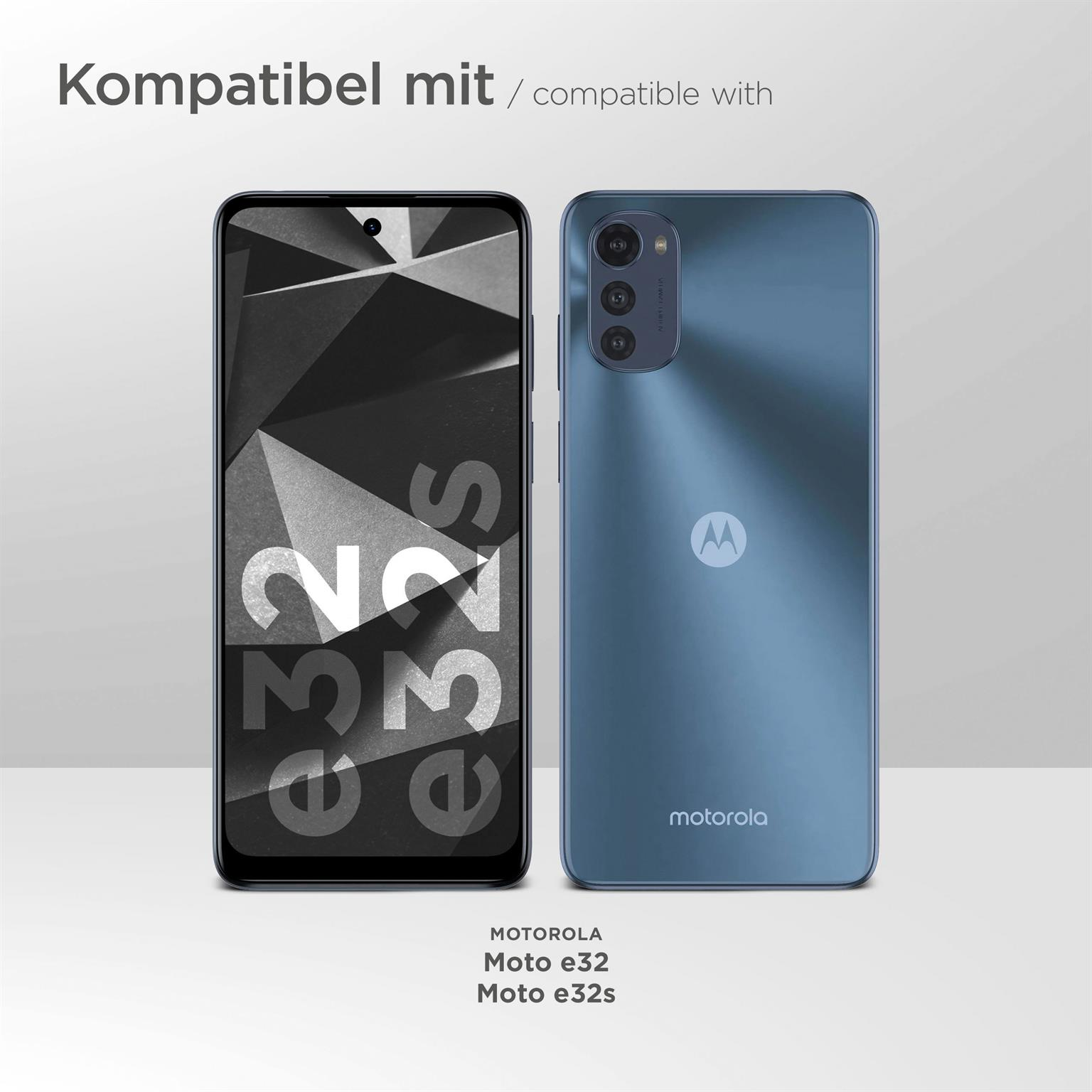 Zwei Telefone: Motorola Moto e32 und Moto e32s, auf weißem Hintergrund.