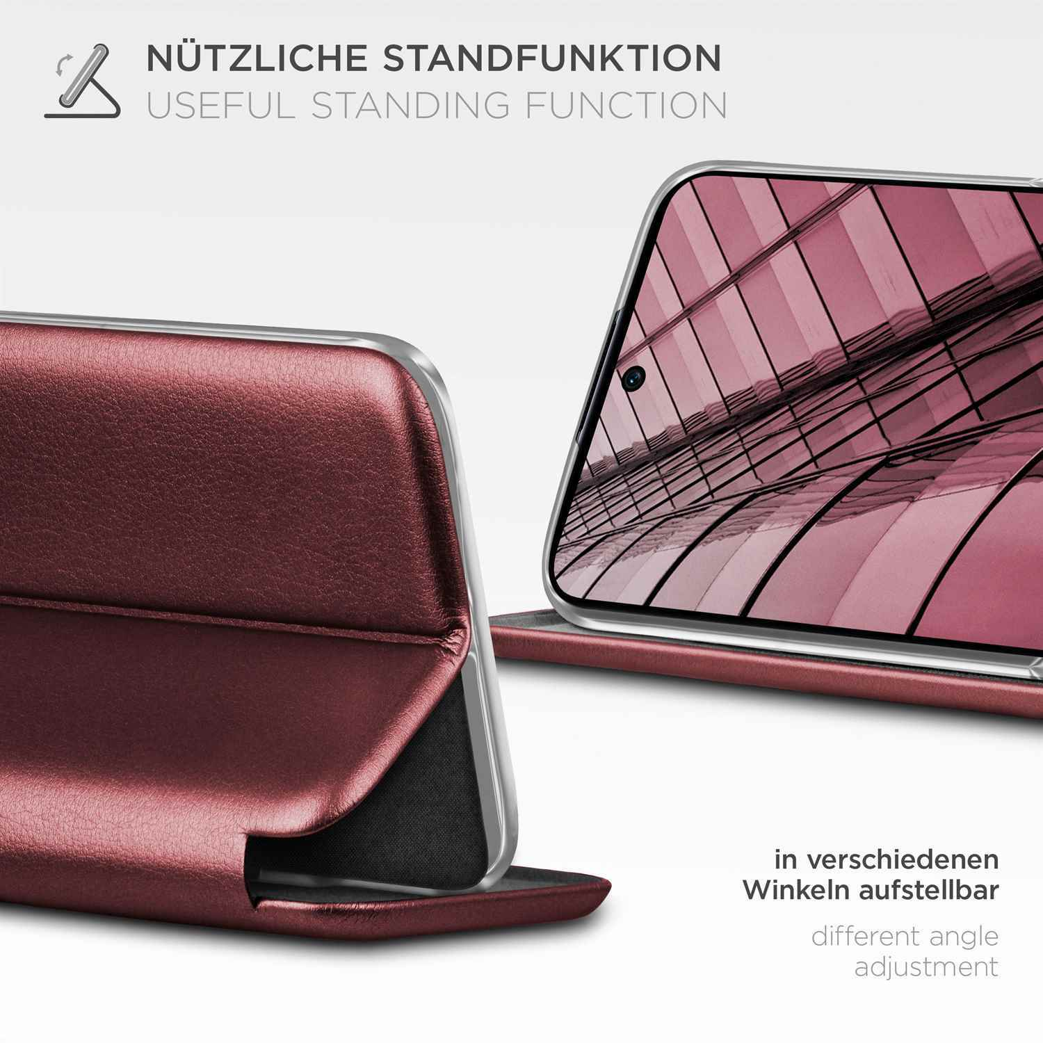 Eine weinrote Handyhülle ist geöffnet. Text lautet: nützliche Standfunktion und unterschiedliche Winkeleinstellung.