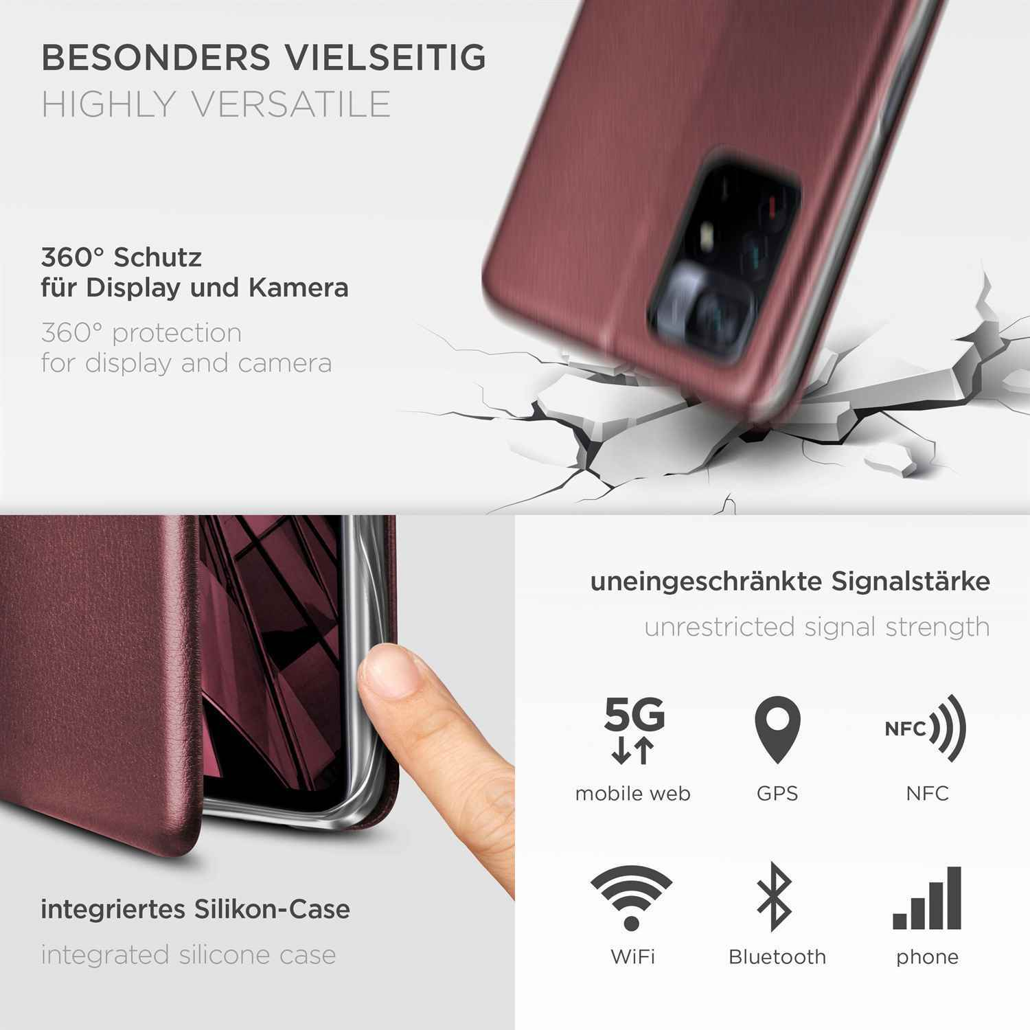 Bild zeigt Handyhüllen-Funktionen: 5G, NFC, WiFi, Bluetooth und Telefonsignal.