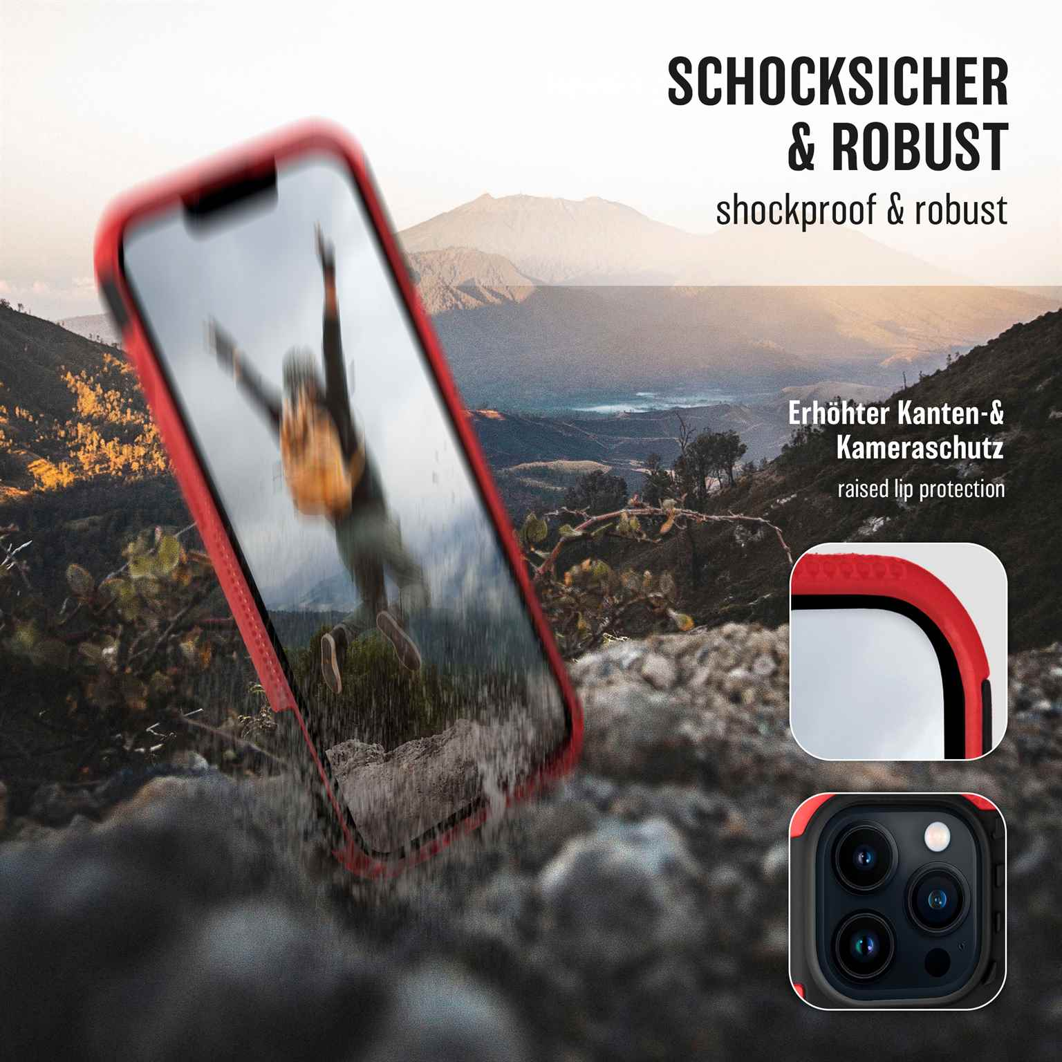 Handyhülle mit fallendem Telefon. Text: 'stoßfest & robust'.