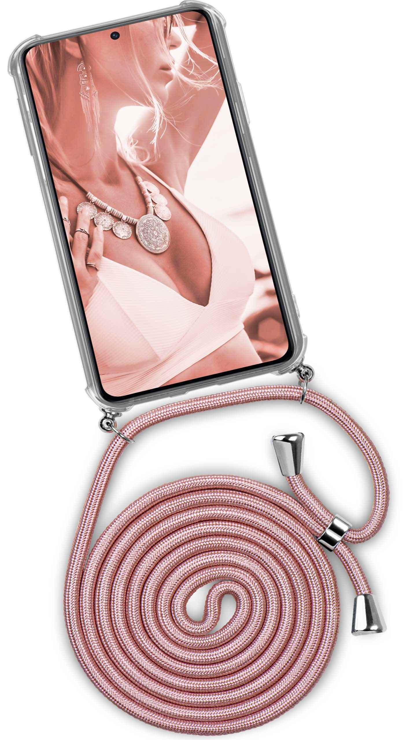 Telefon mit Frau in Dessous, an rosa Seil. Silberne Verbinder.