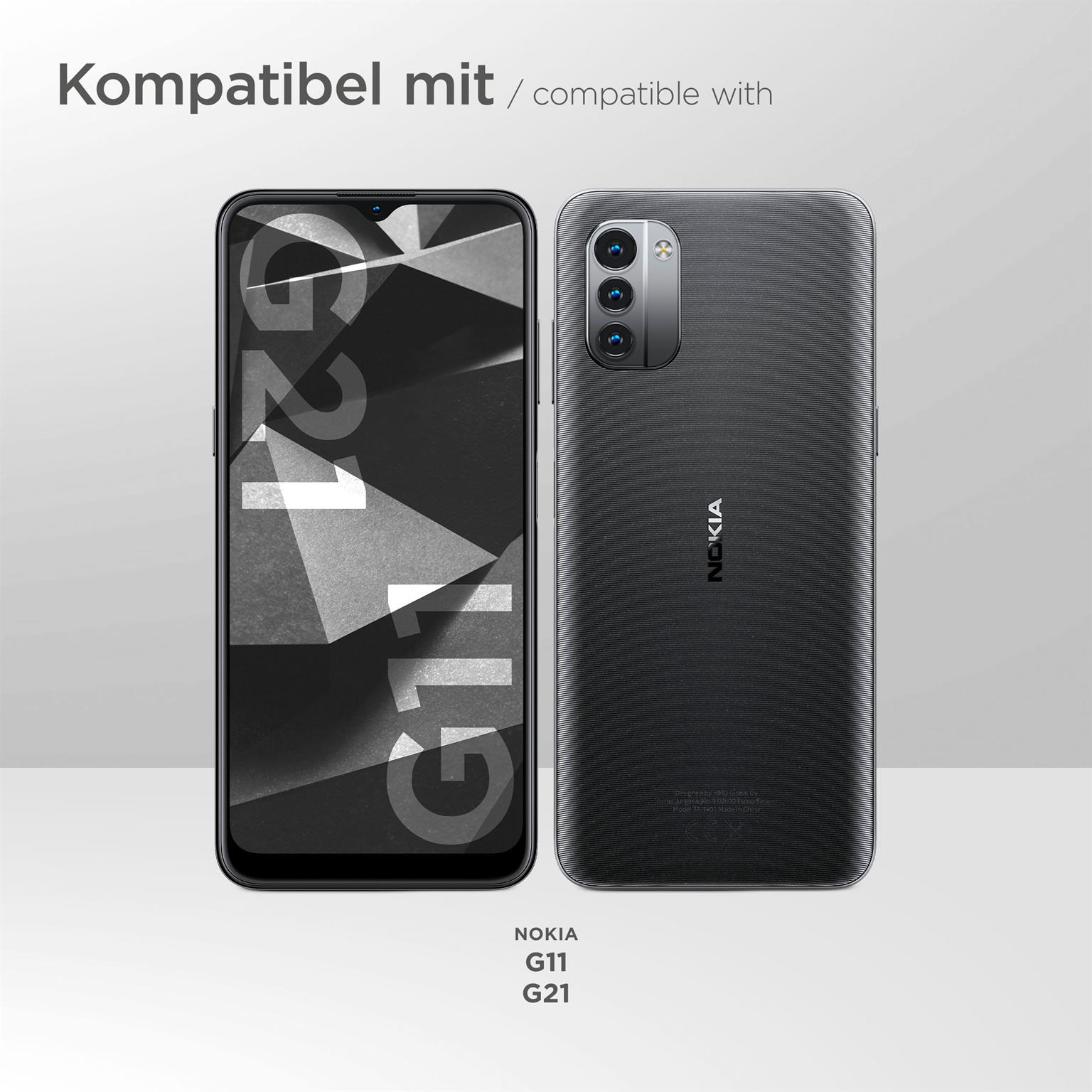Zwei Telefone, eines zeigt Vorder- und Rückseite, mit NOKIA-Logo, vor weißem Hintergrund.