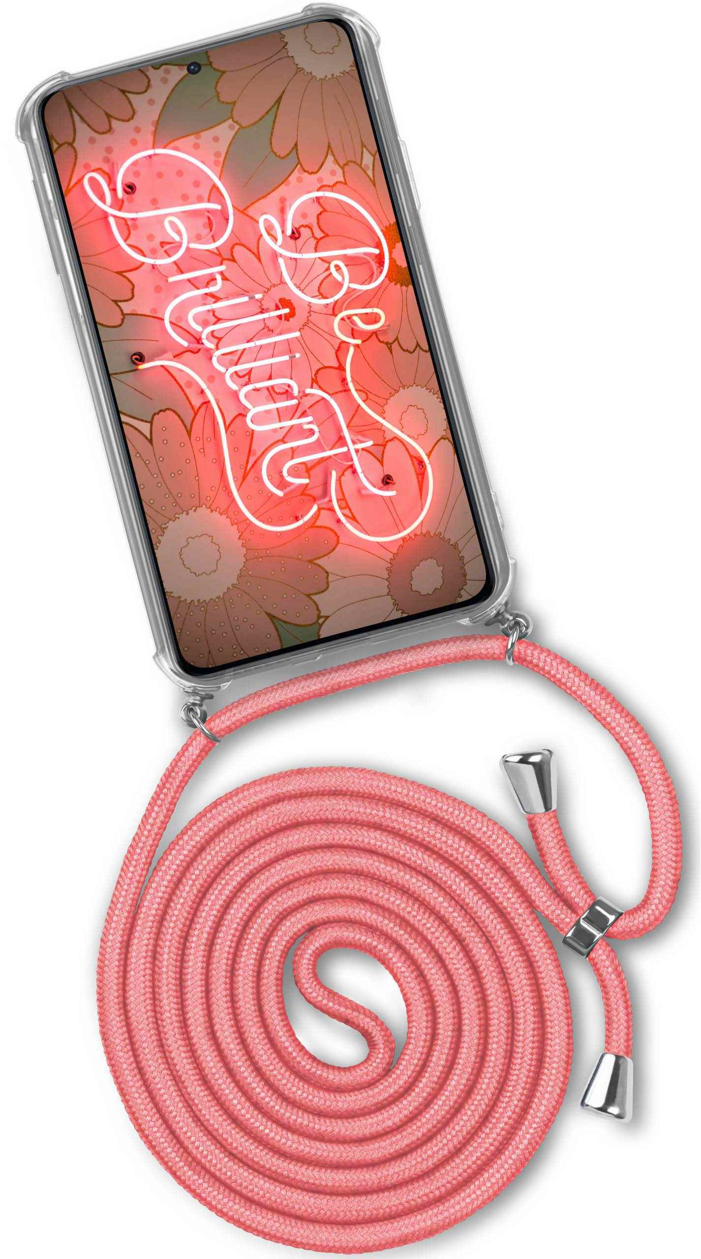 Telefon mit floralem Design und pinkem Umhängeband.