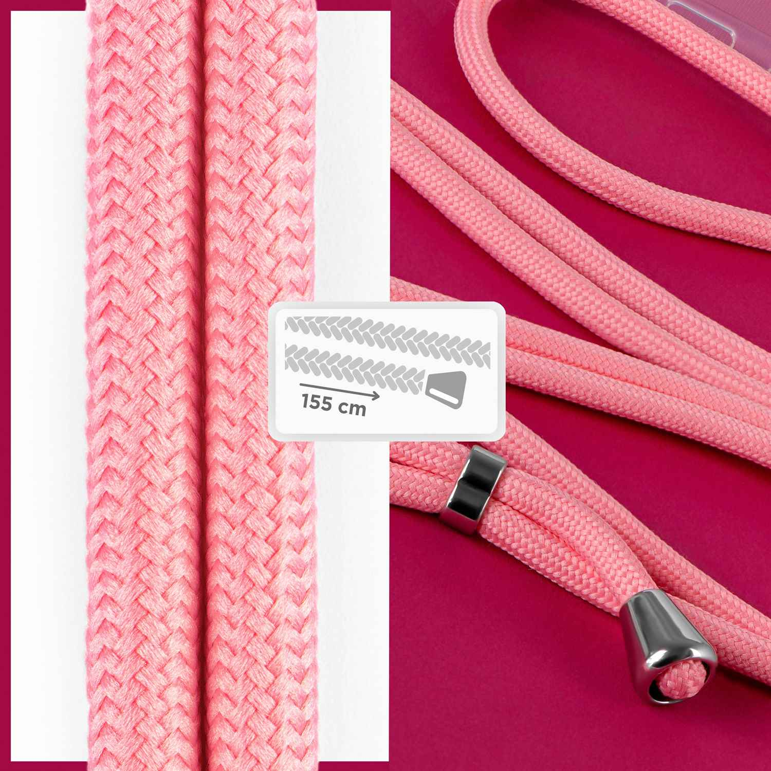 Nahaufnahme eines rosa Telefon-Lanyards. Es hat silberne Akzente und ein Etikett mit der Länge von 155 cm.