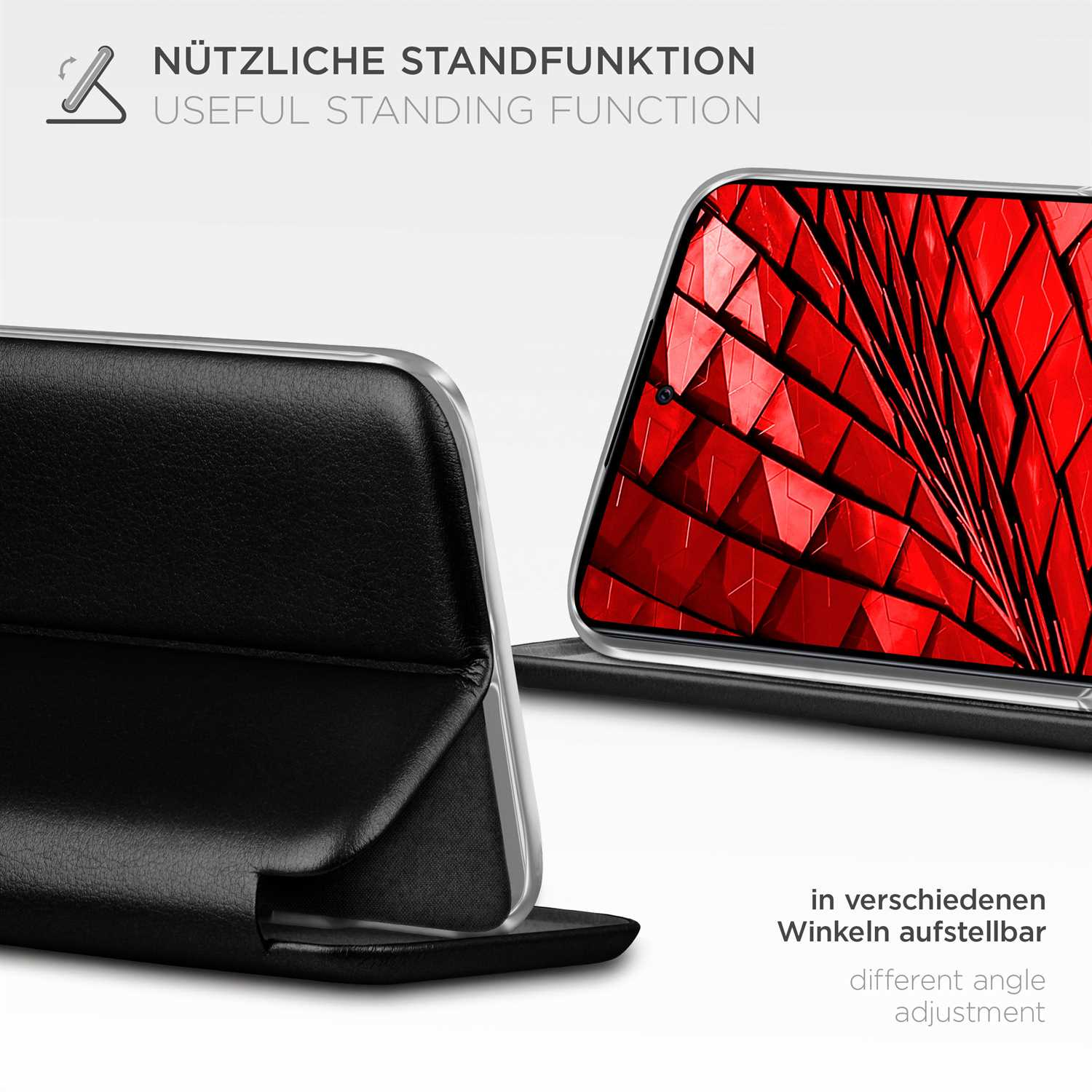 Schwarze Handyhülle mit rotem geometrischen Muster, das in einem Winkel angezeigt wird.