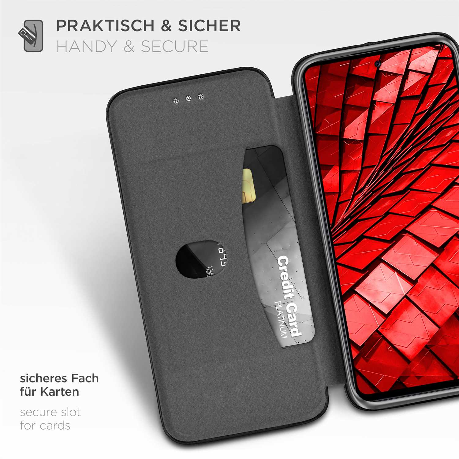 Handyhülle mit Kreditkartenfach, Telefonbildschirm sichtbar.