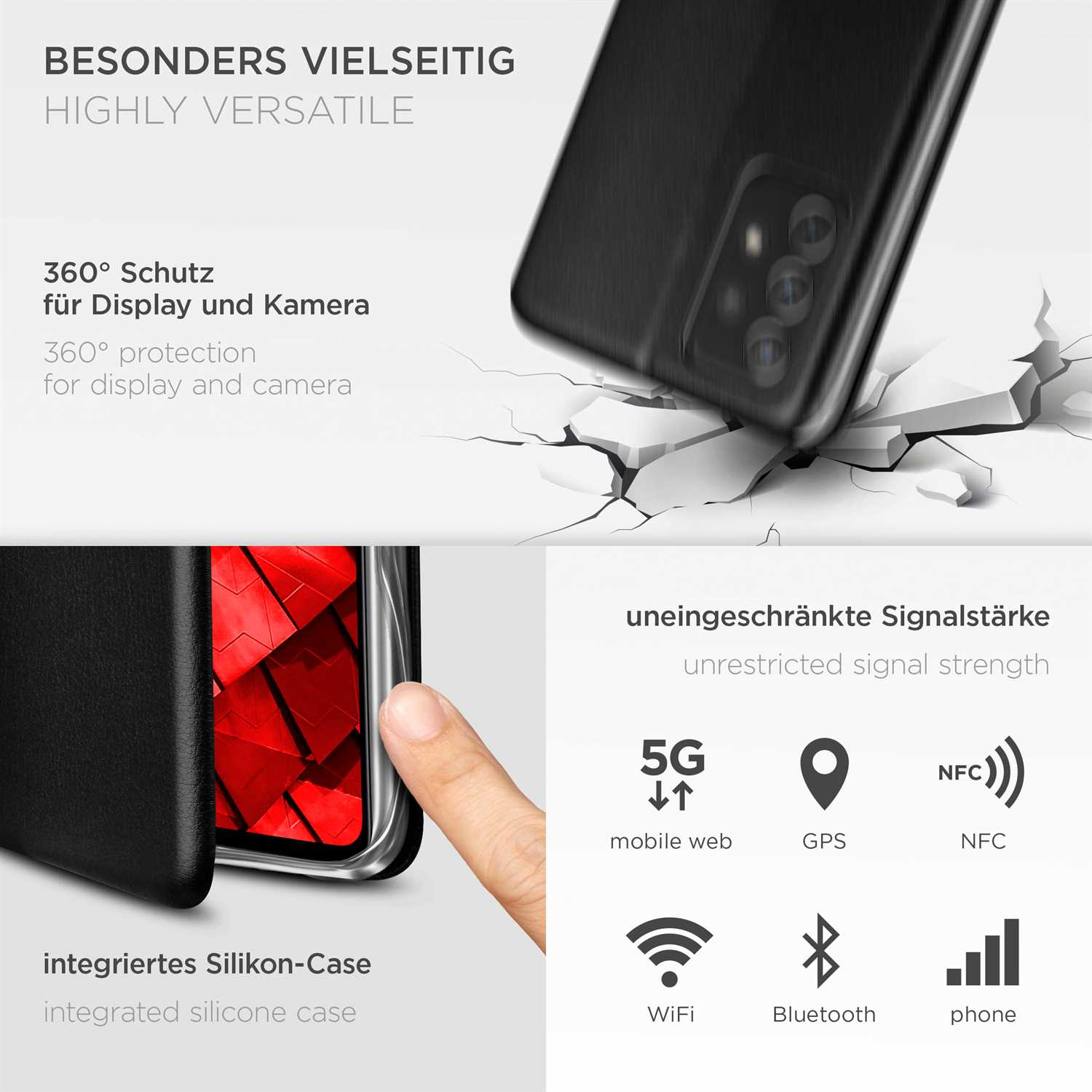 Eine Handyhülle mit Telefon, Riss-Effekt und Informationssymbolen.